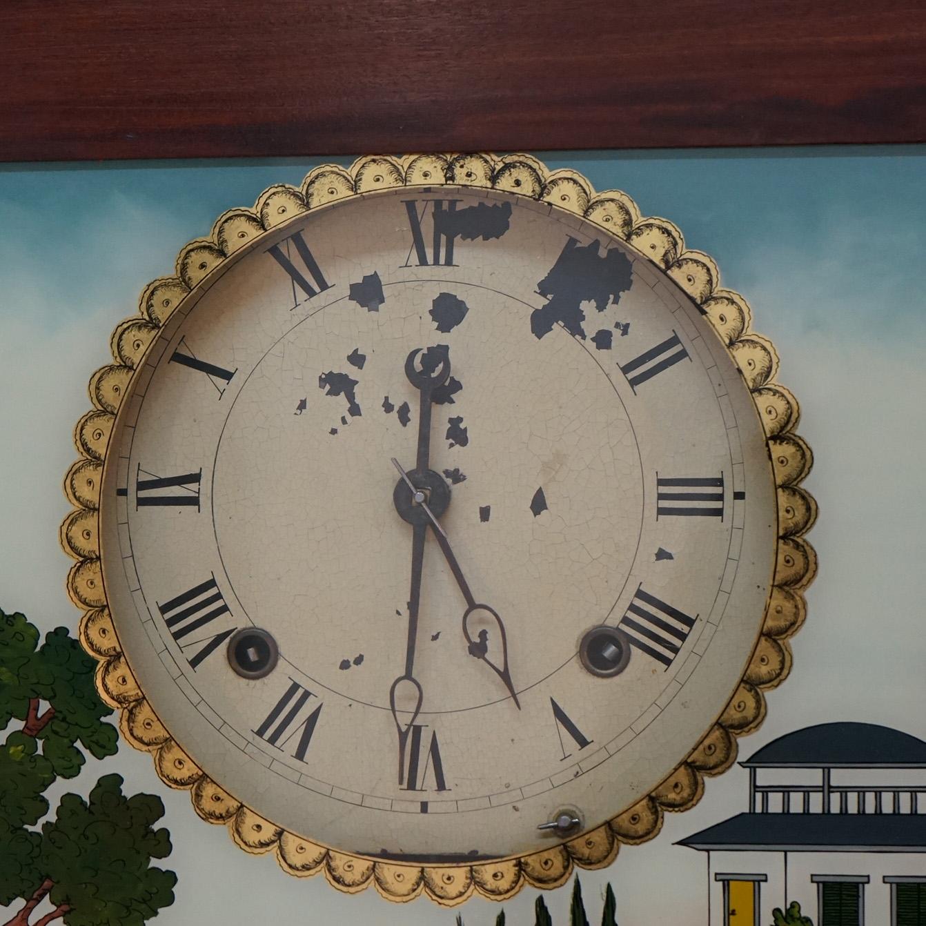 Oversized Antique American Empire Hand Painted Eglomise Panel Wall Clock C1840 For Sale 3