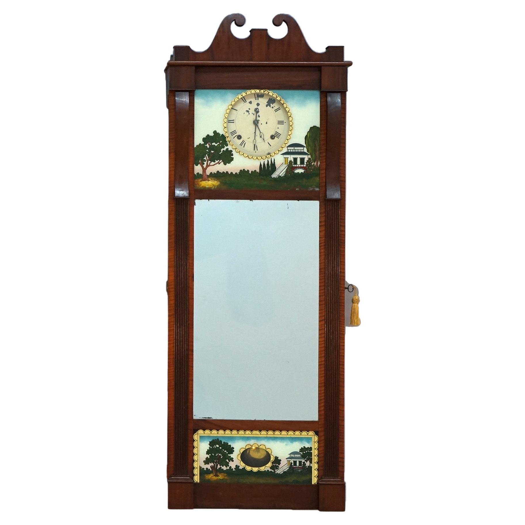 Oversized Antique American Empire Hand Painted Eglomise Panel Wall Clock C1840 For Sale