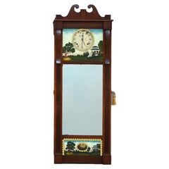 Oversized Antique American Empire Hand Painted Eglomise Panel Wall Clock C1840