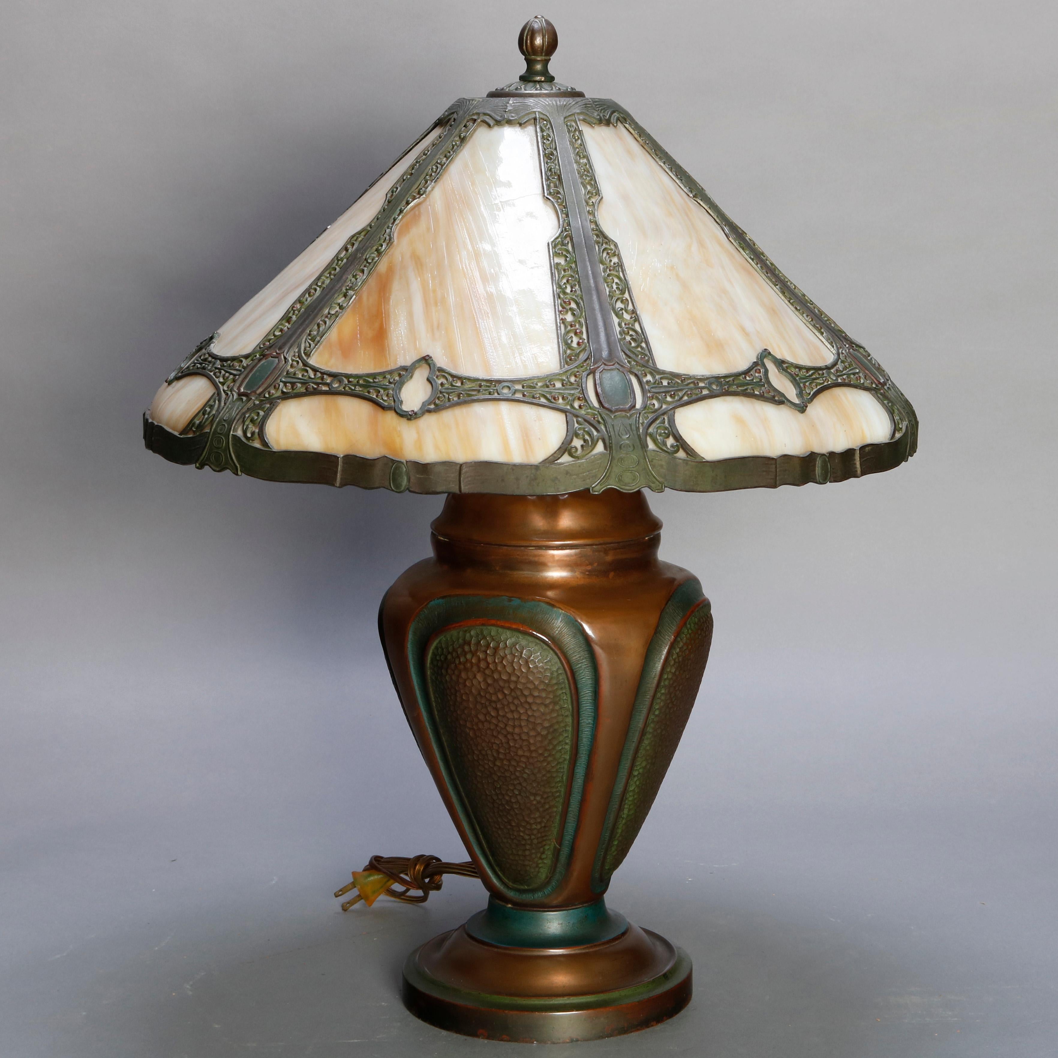 Oversized Antique Arts & Crafts Bradley and Hubbard School Slag Glass Lamp In Good Condition In Big Flats, NY