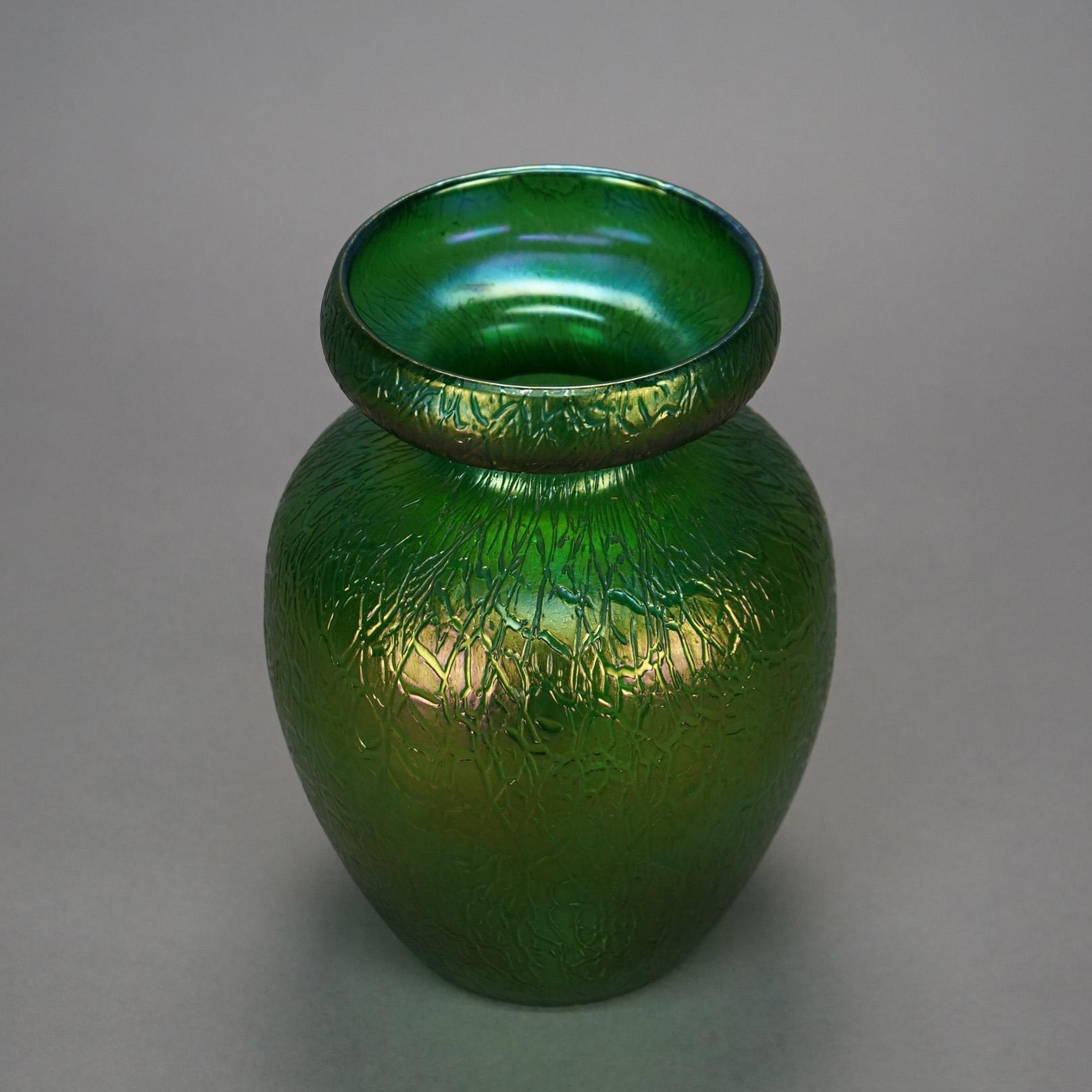 Oversized Antique Arts & Crafts Loetz Art Glass Emerald Green Flower Vase, c1910 In Good Condition In Big Flats, NY