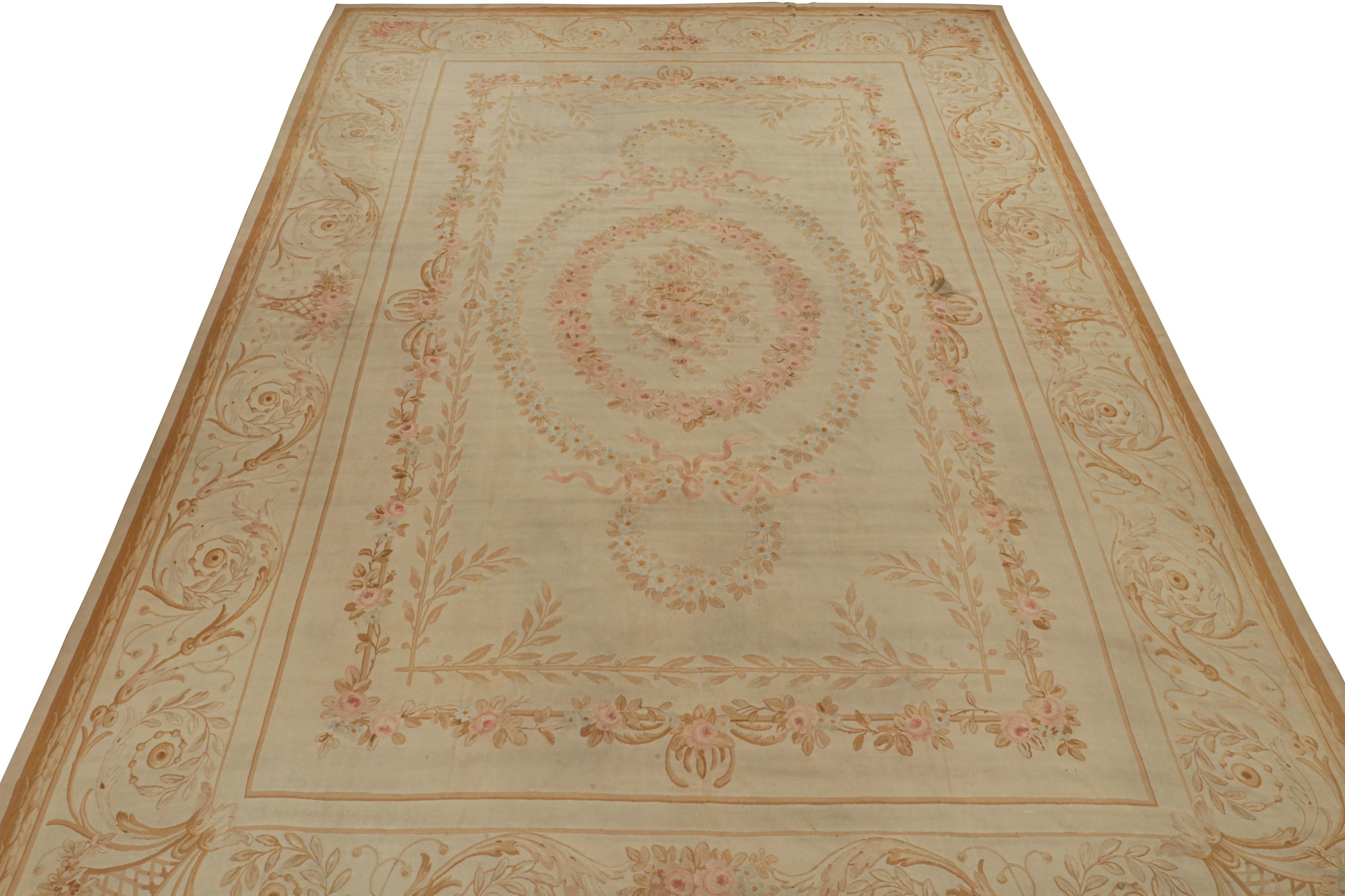 French Oversized Antique Aubusson Flatweave Floral Rug in Beige & Pink For Sale