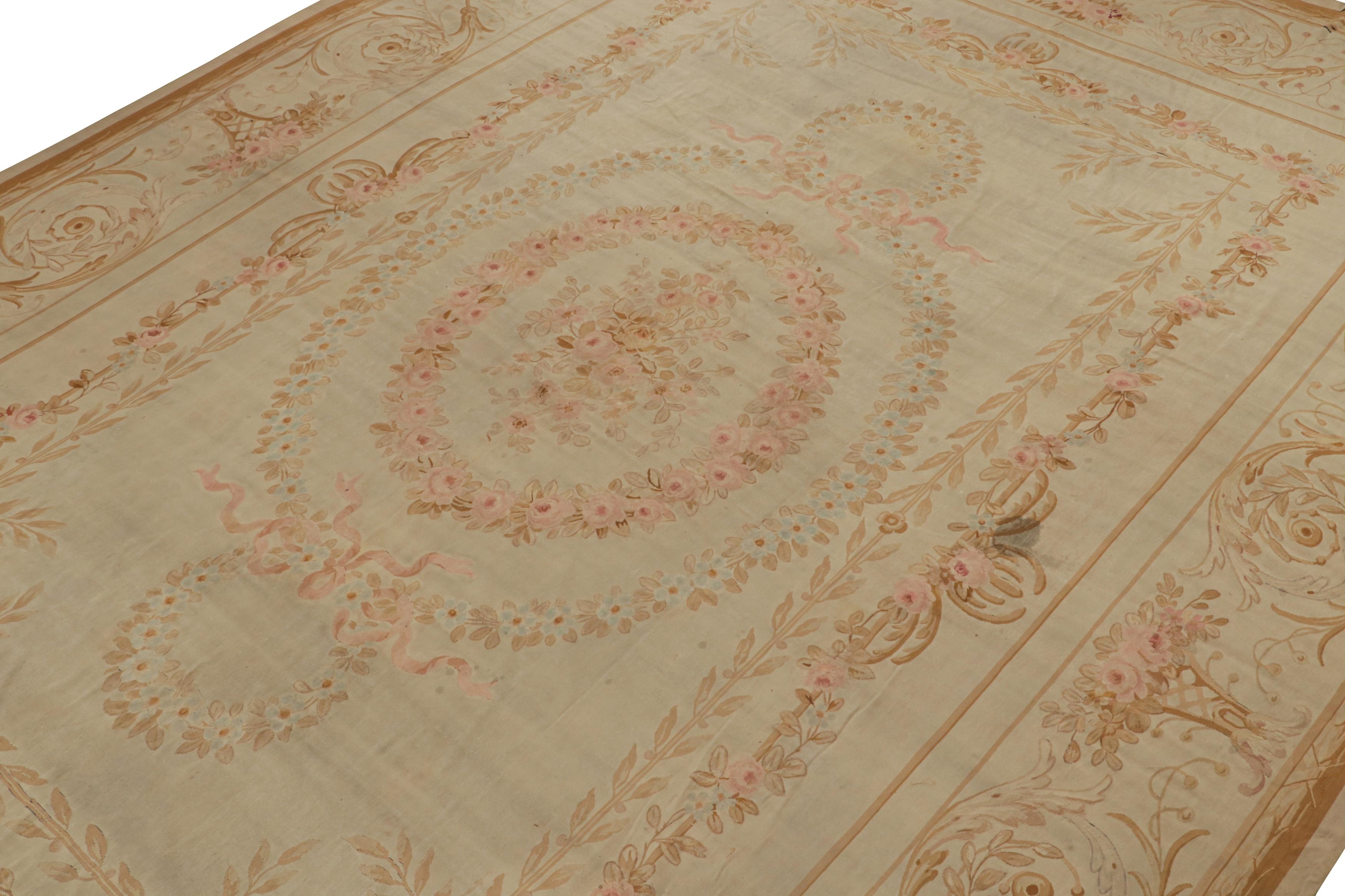 Hand-Woven Oversized Antique Aubusson Flatweave Floral Rug in Beige & Pink For Sale