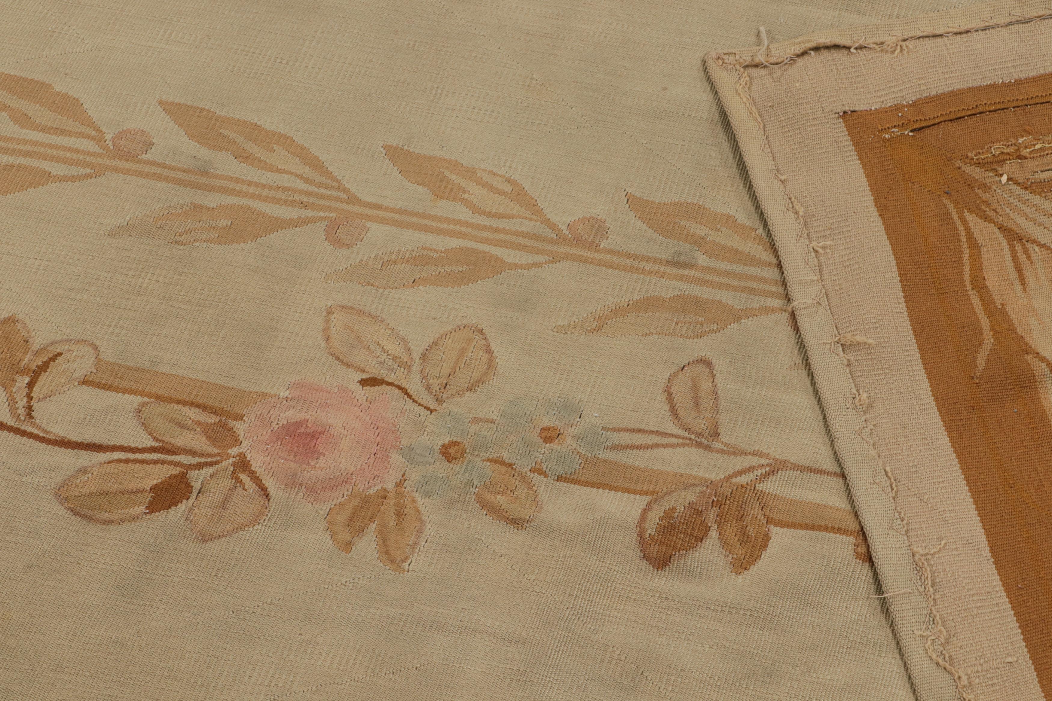 Wool Oversized Antique Aubusson Flatweave Floral Rug in Beige & Pink For Sale