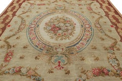 Oversized Antique Aubusson Rug in Beige with Floral Medallion
