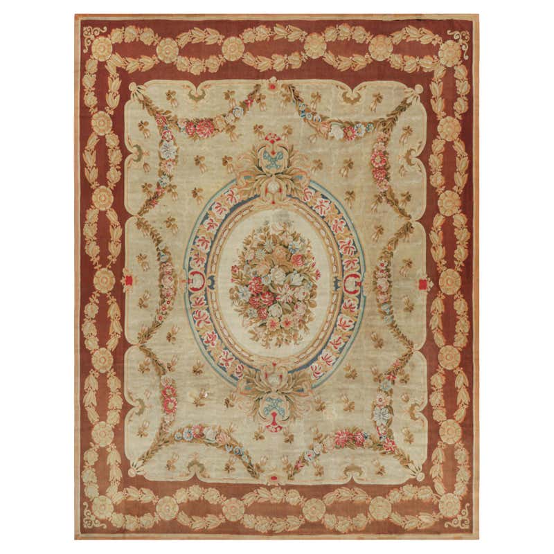 Vintage Portuguese Aubusson Needlepoint Wool Rug In Beige With Rosette ...