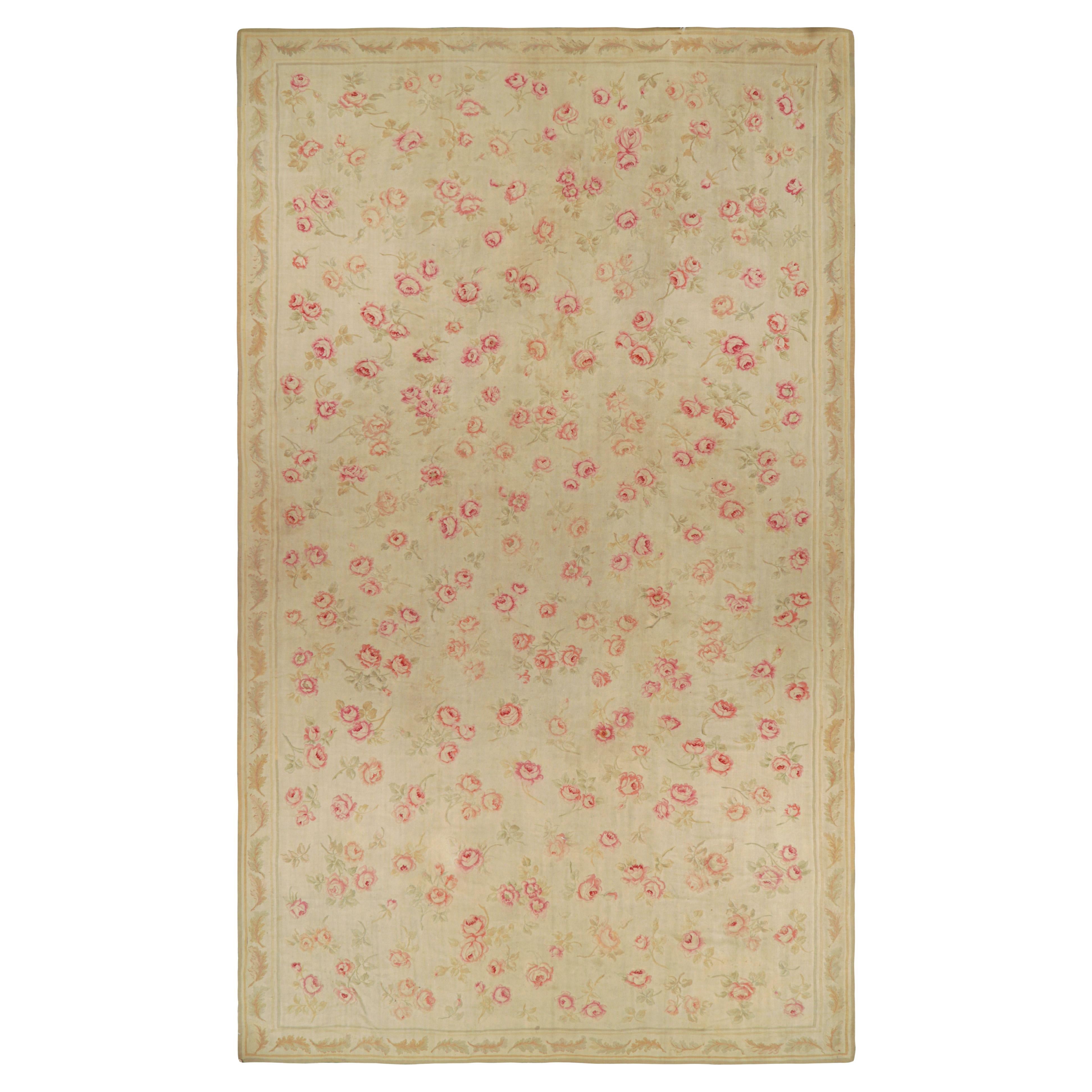 Oversized Antique Aubusson Rug in Beige with Floral Patterns