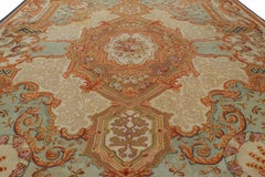 Oversized Antique Aubusson Rug in Brown and Cream with Medallions