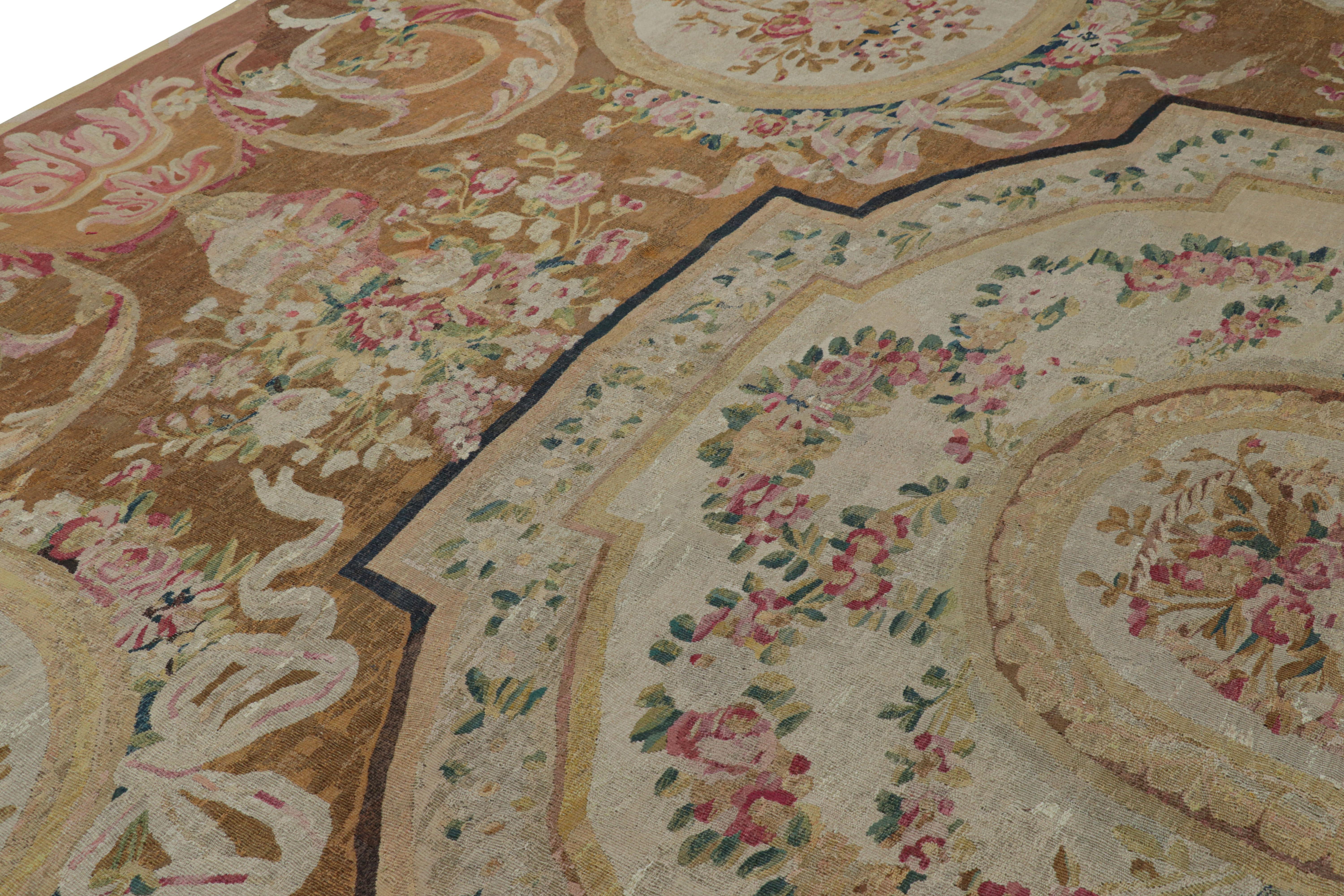 French Oversized Antique Aubusson Rug in Brown and Cream with Medallions For Sale