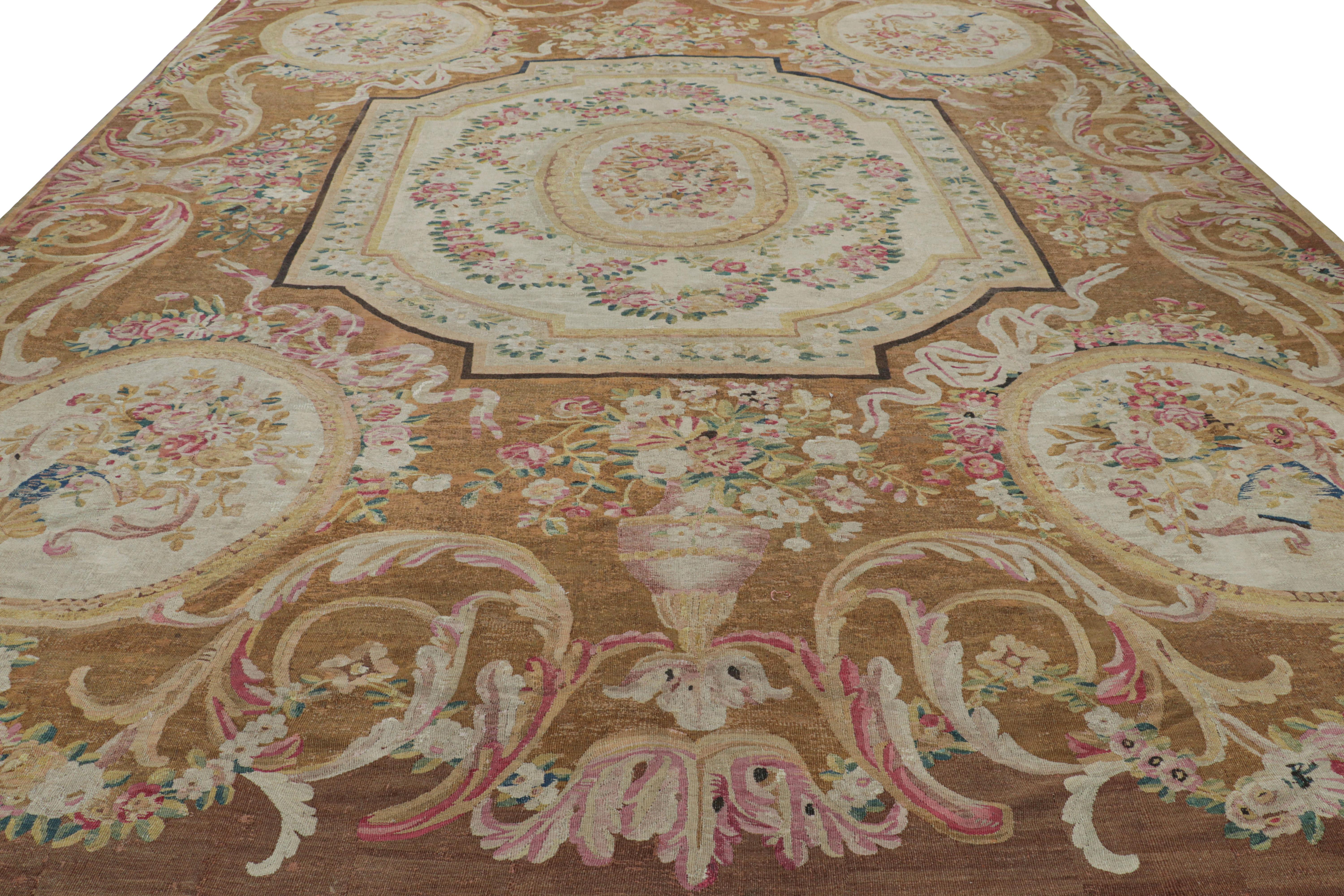 Hand-Woven Oversized Antique Aubusson Rug in Brown and Cream with Medallions For Sale