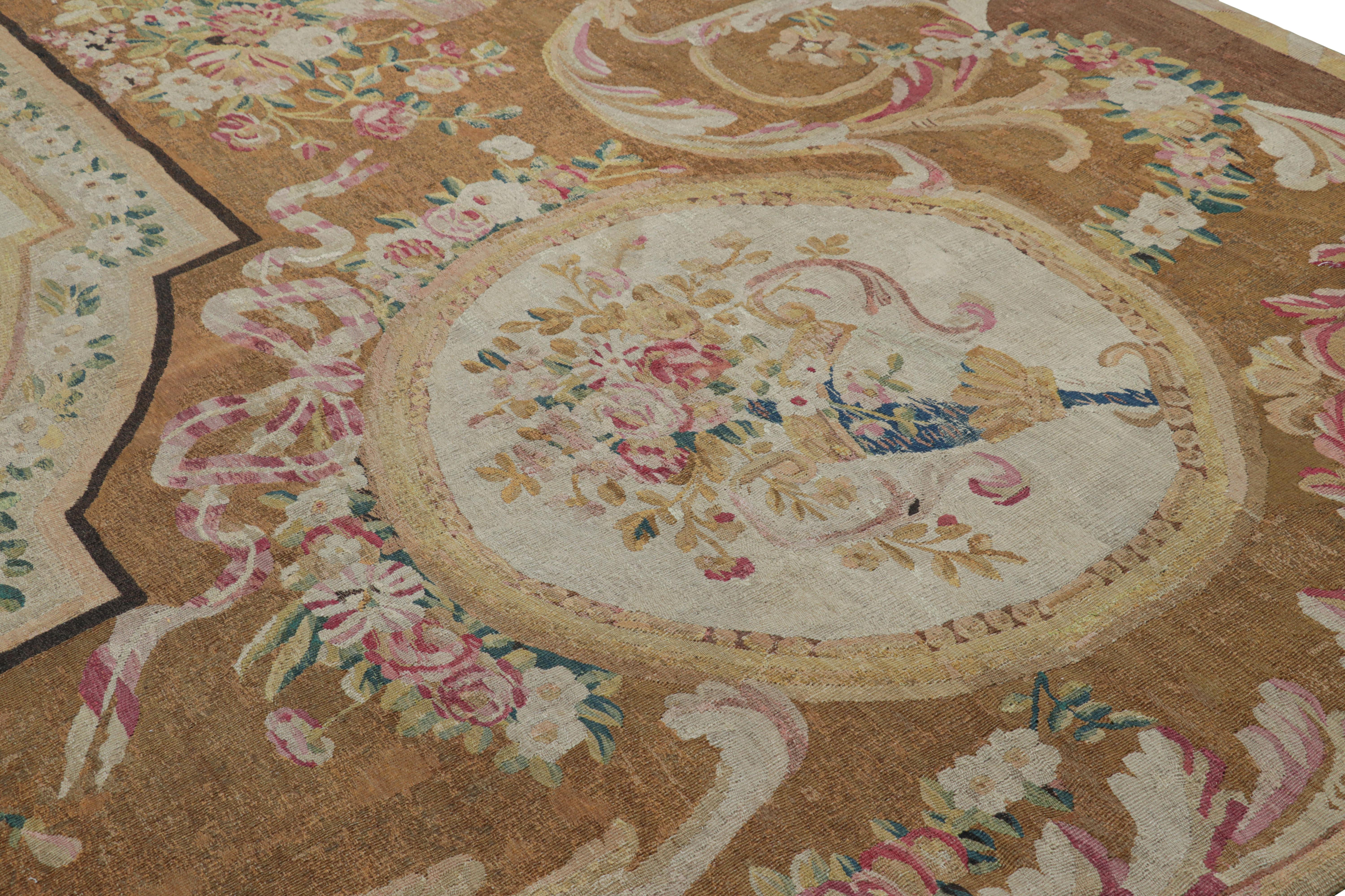 Late 19th Century Oversized Antique Aubusson Rug in Brown and Cream with Medallions For Sale