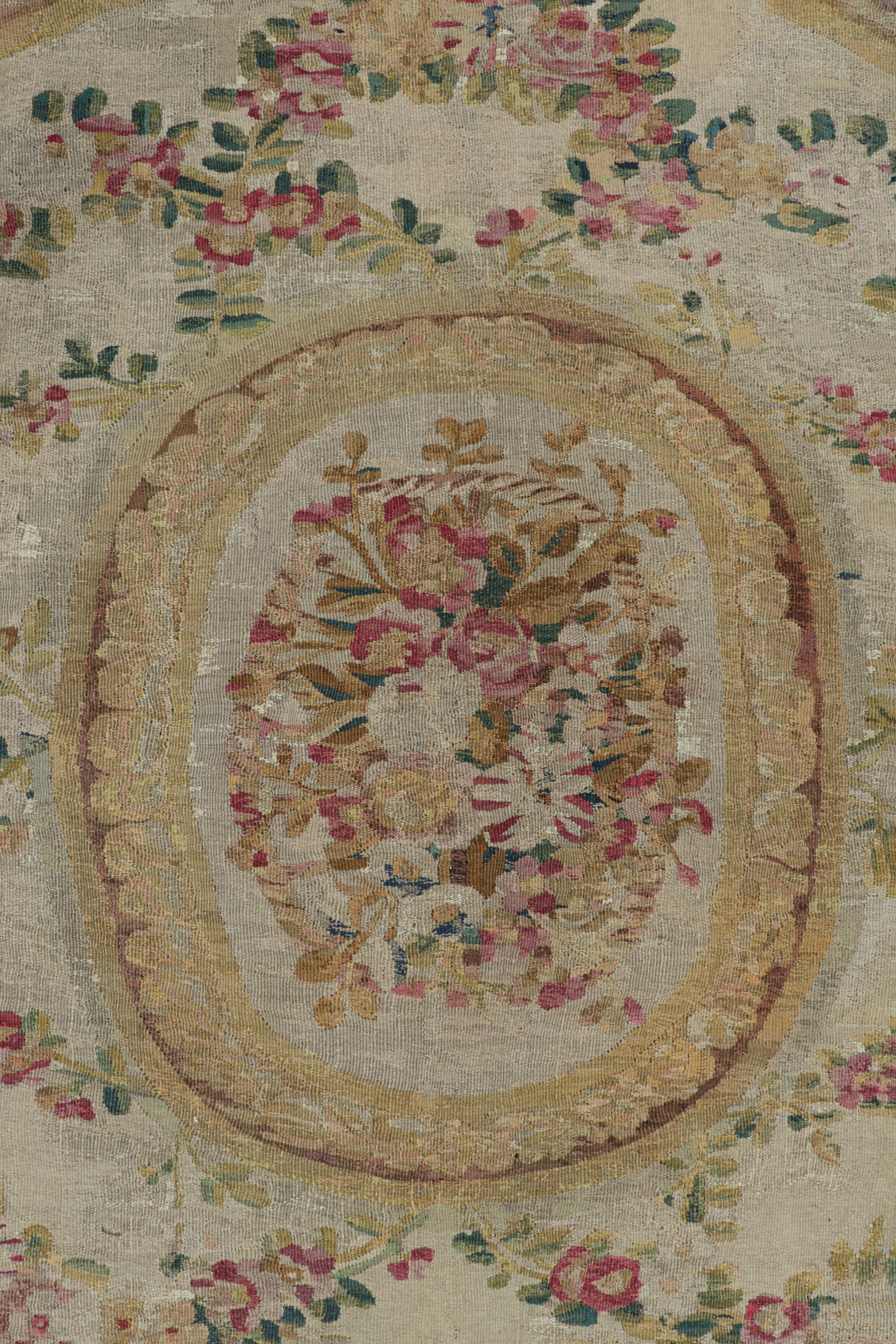 Wool Oversized Antique Aubusson Rug in Brown and Cream with Medallions For Sale
