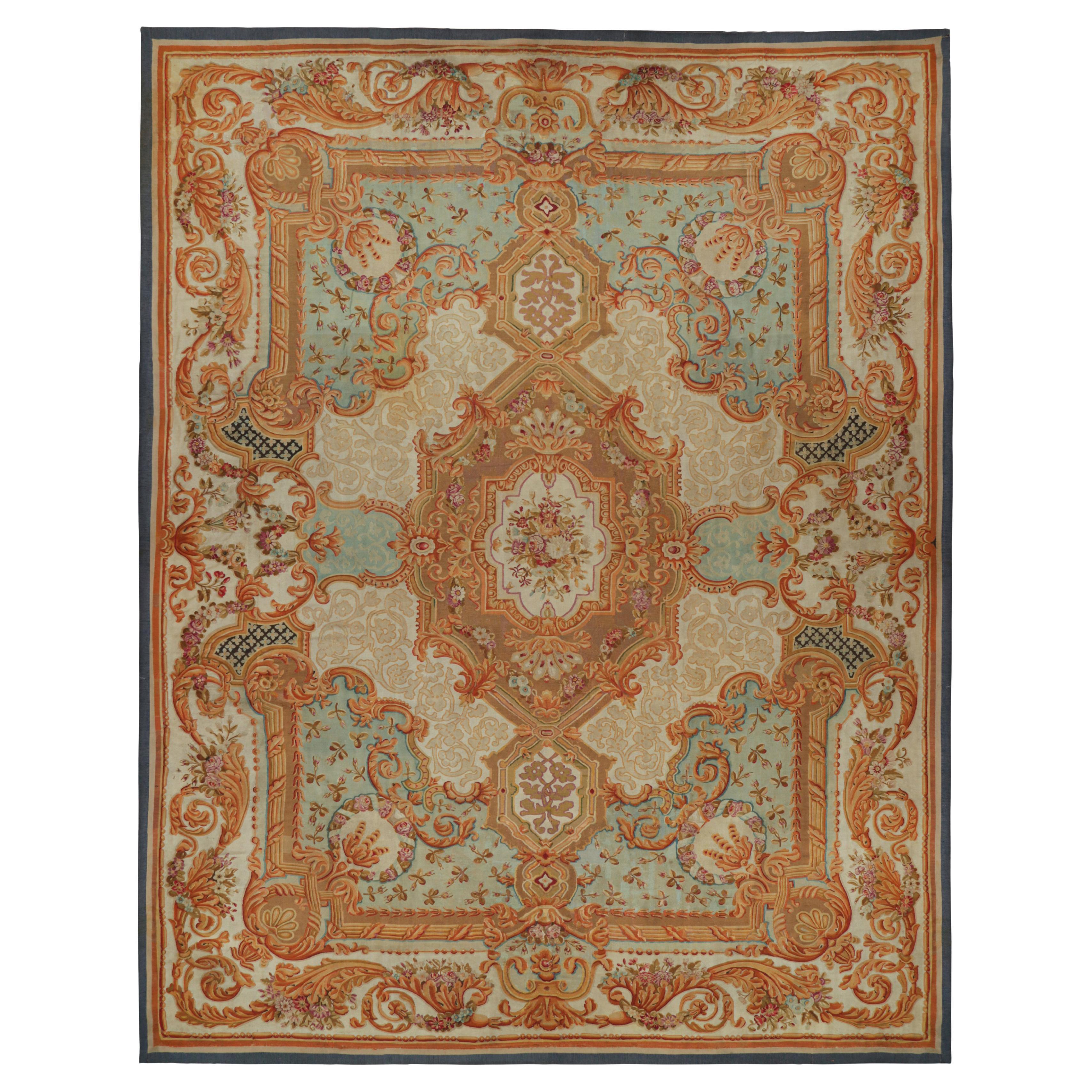 Oversized Antique Aubusson Rug in Brown and Cream with Medallions