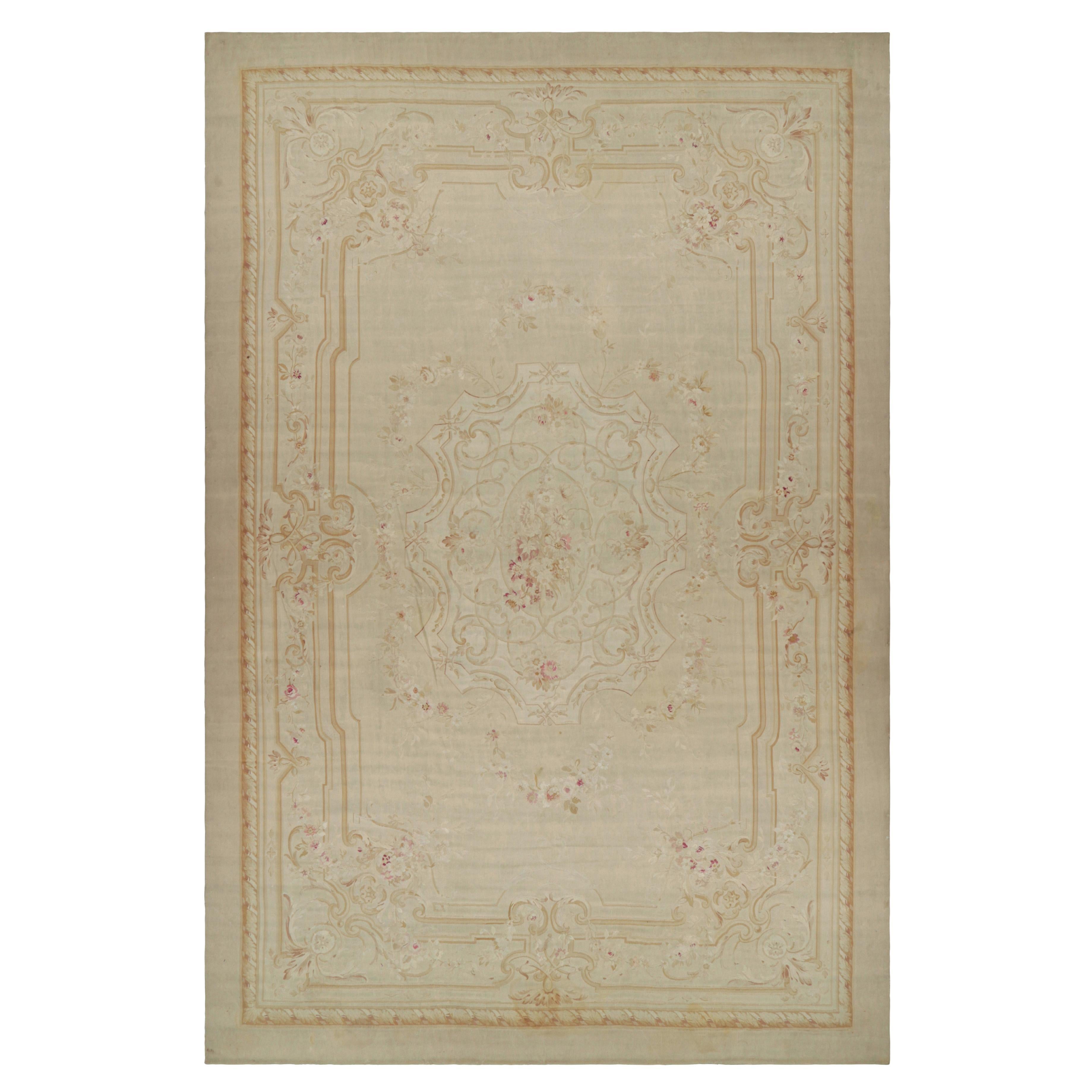Oversized Antique Aubusson Rug in Cream with Floral Medallion