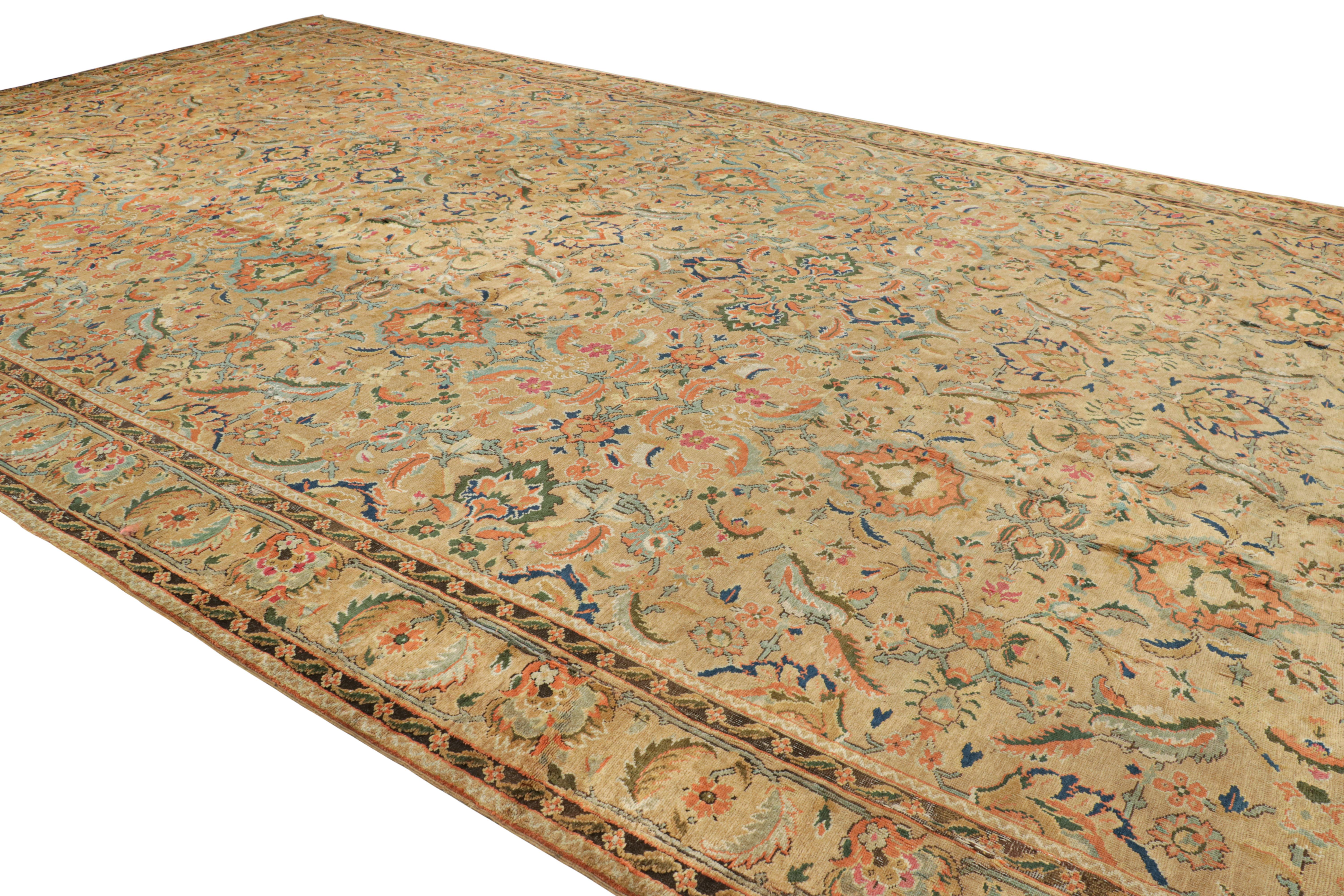 Hand-Knotted Oversized Antique Axminster Rug in Camel with Floral Patterns - Rug & Kilim For Sale