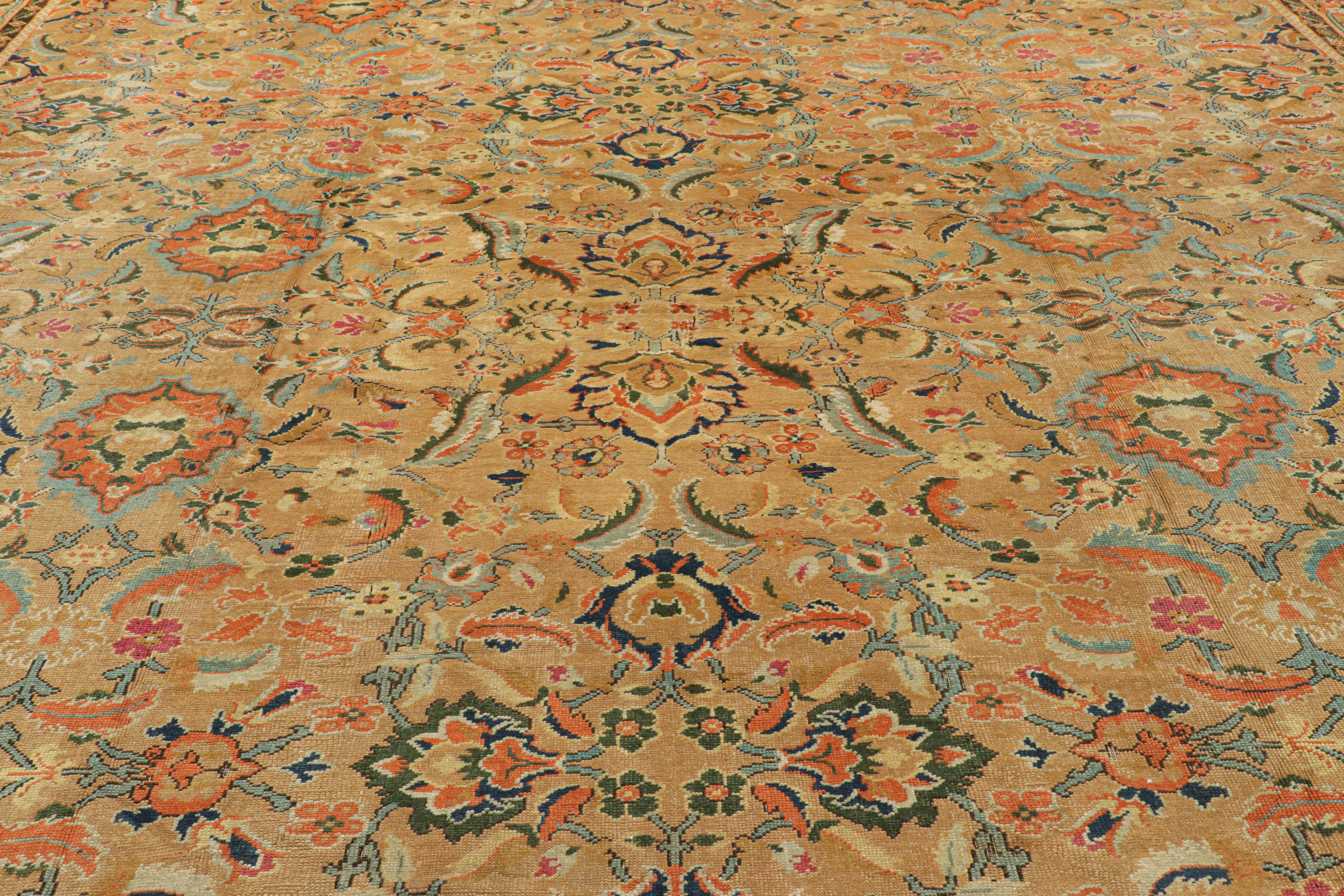 Hand-knotted in wool circa 1850-1860, this 15x26 antique axminster rug is an extremely rare collectible English palace rug—an exciting new oversized addition to our European rug collection. 

On the Design: 

Admirers of the craft will note an