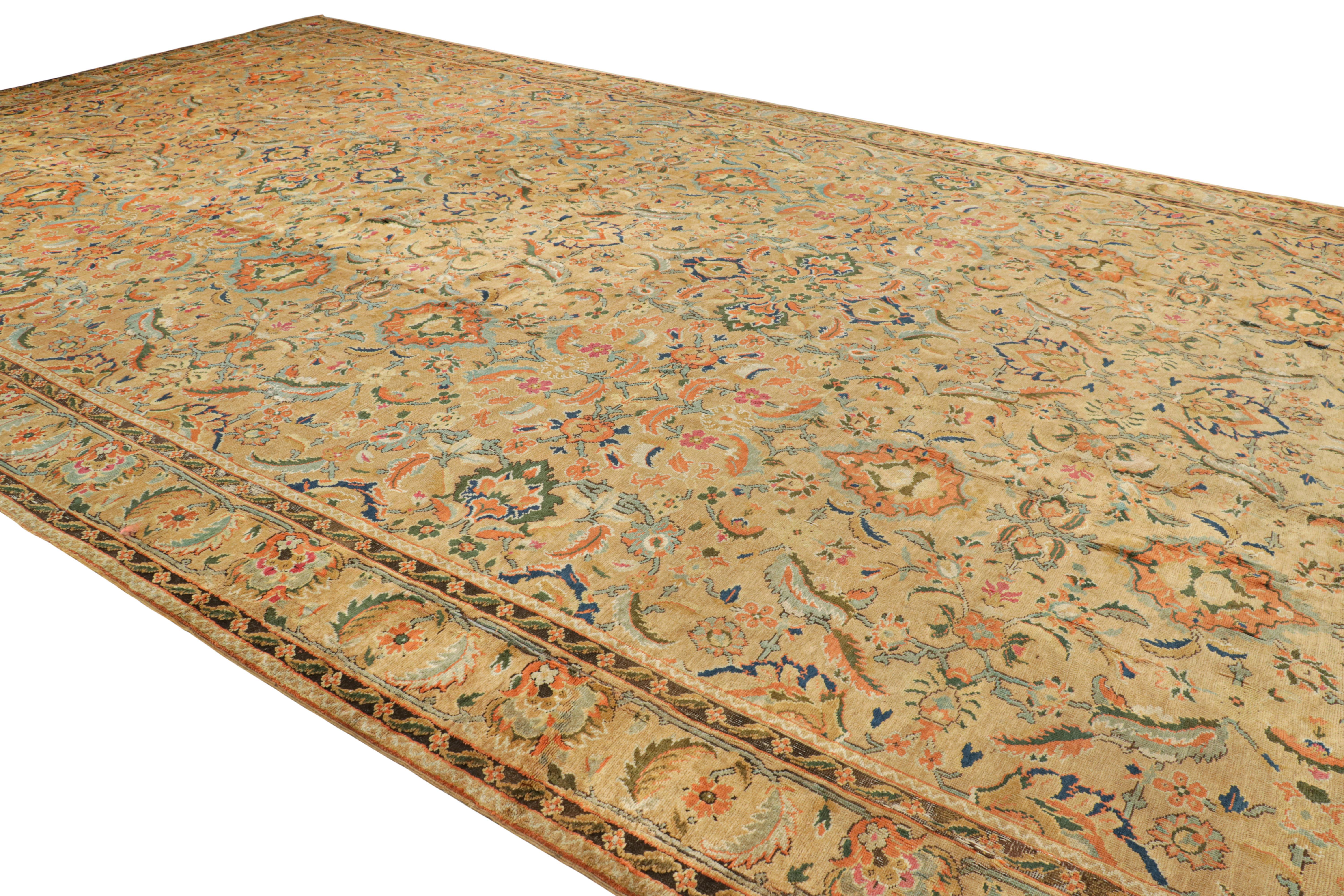 Hand-Knotted Oversized Antique Axminster Rug in Camel with Floral Patterns For Sale