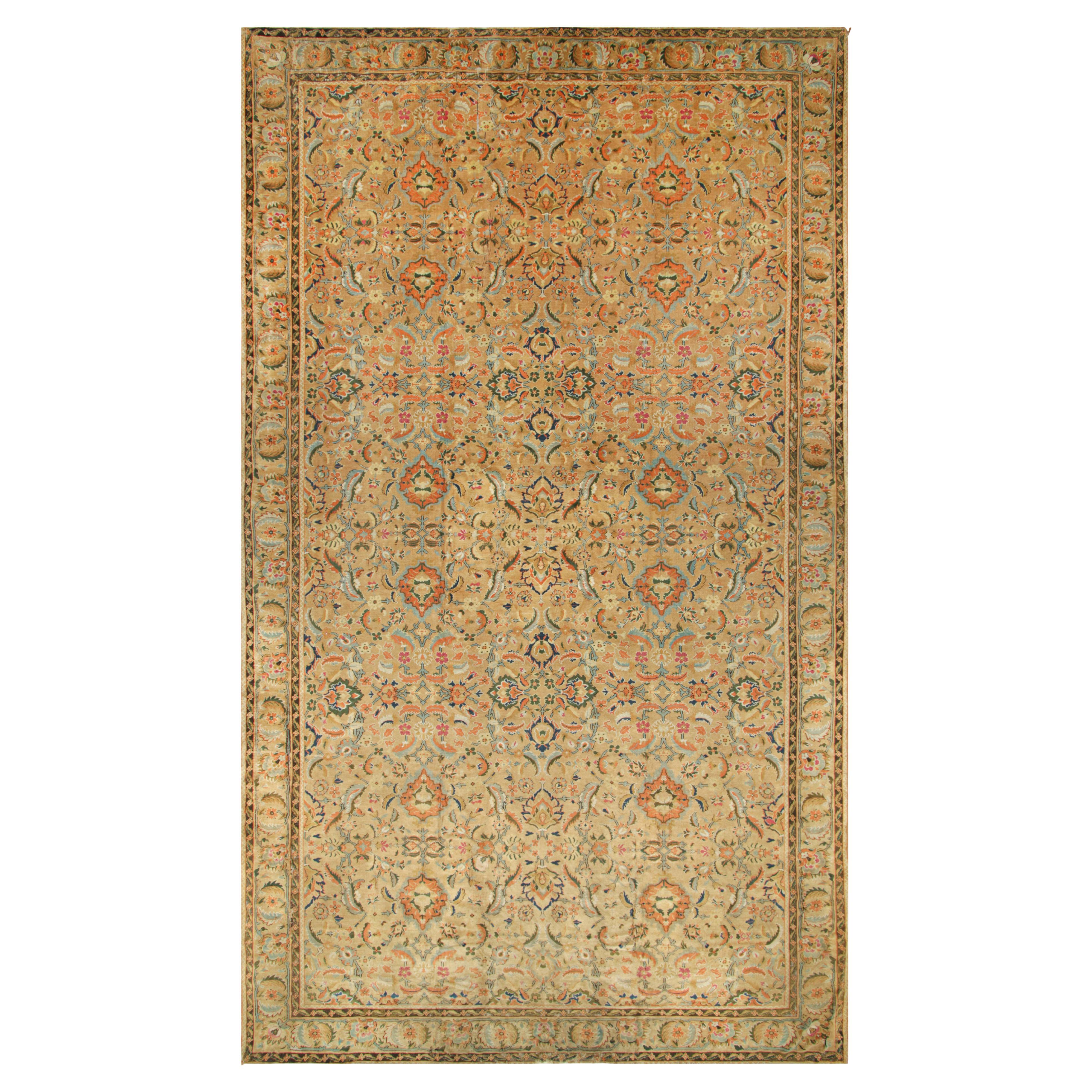 Oversized Antique Axminster Rug in Camel with Floral Patterns For Sale