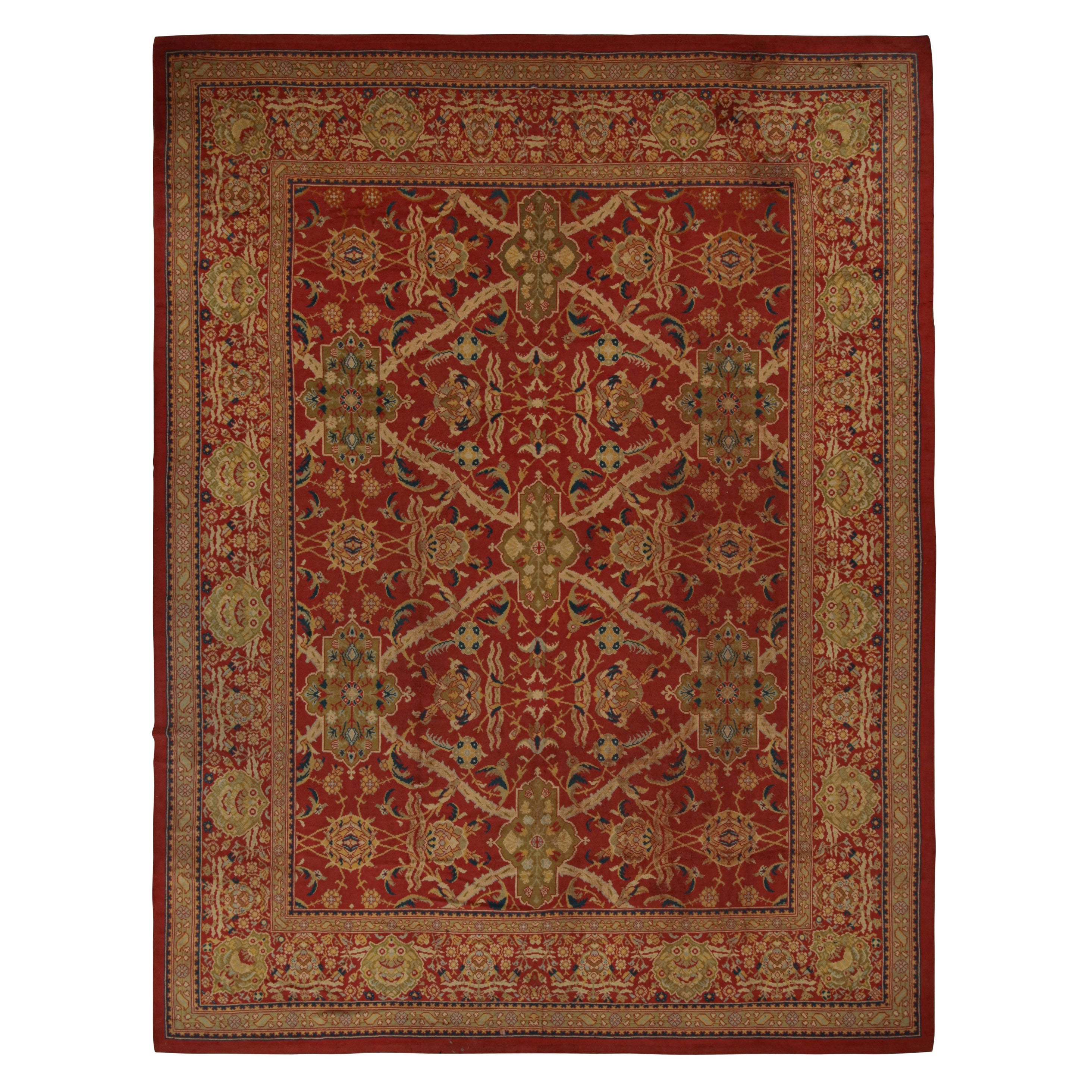 Tapis Axminster ancien surdimensionné rouge à motifs floraux