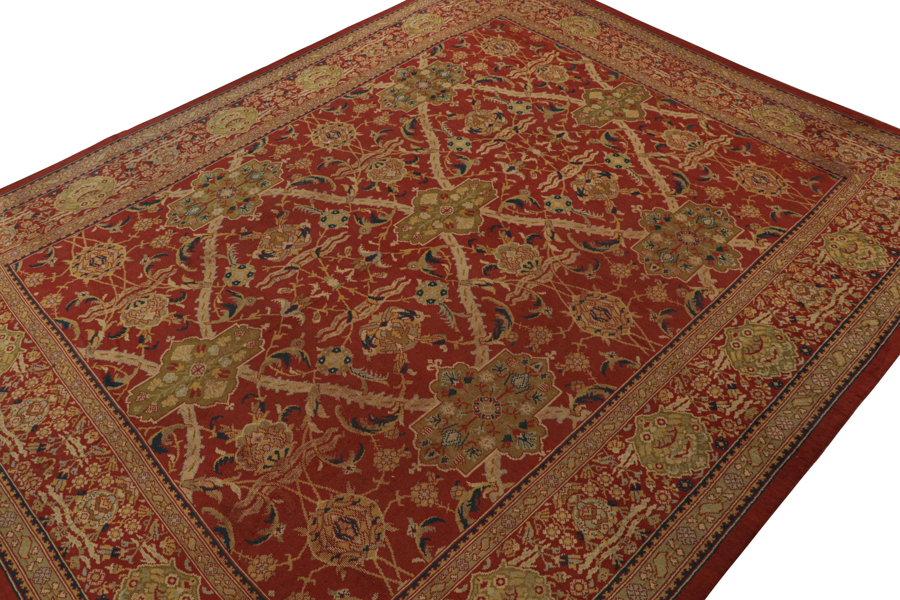 Noué à la main en laine vers 1860-1870, ce tapis Axminster antique de 14x17 provenant d'Angleterre est une pièce rare qui témoigne des sensibilités antérieures à l'époque des Arts & Crafts.  

Sur le design :

Inspiré par les tapis de Up&Up comme