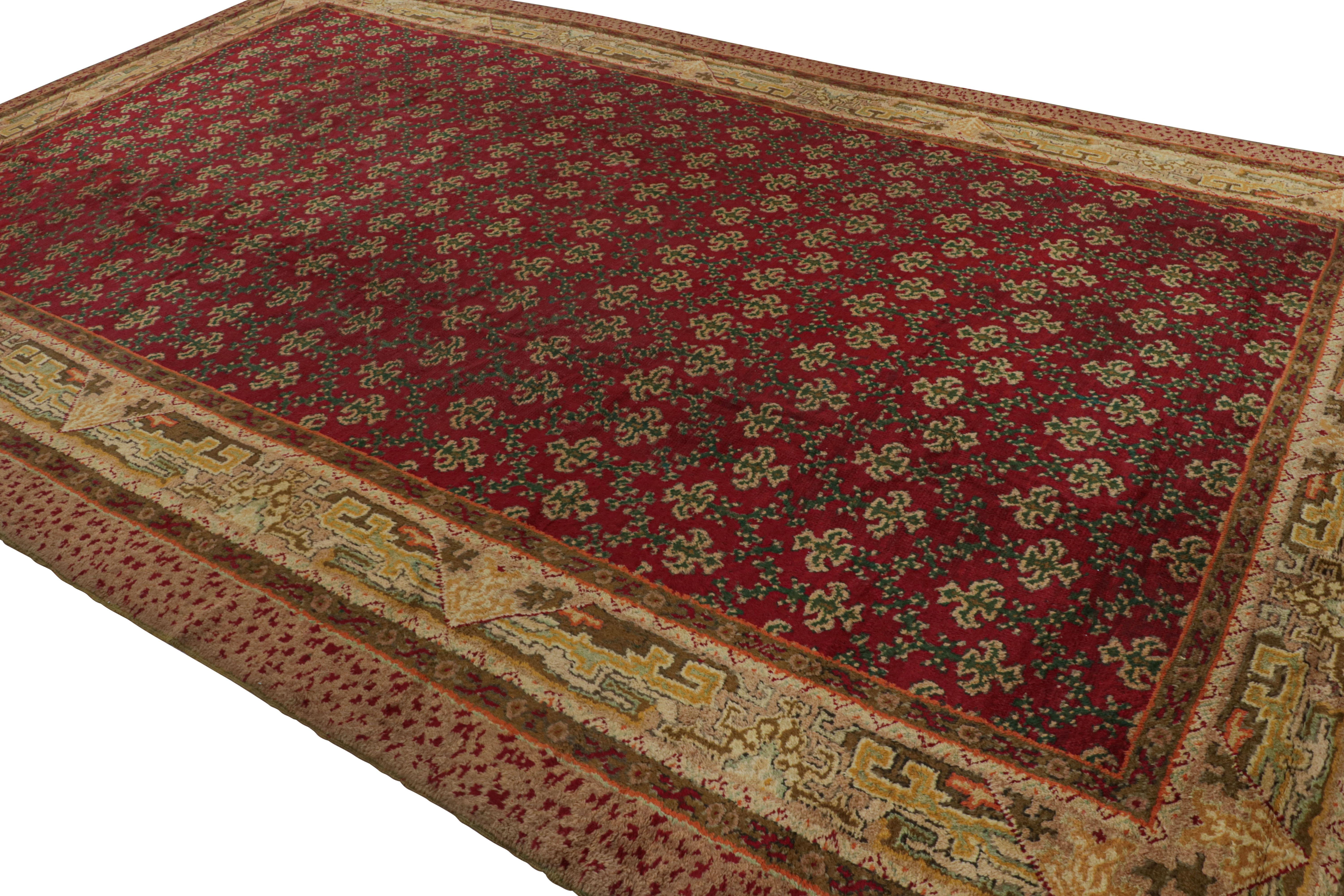 Hand-knotted in wool, an antique 11x17 Antique Axminster rug circa 1920-1930 latest to our antique collection.

On the Design:


Here, rich red underscores green floral patterns in the field, while chartreuse and gold tones underscore “one of the
