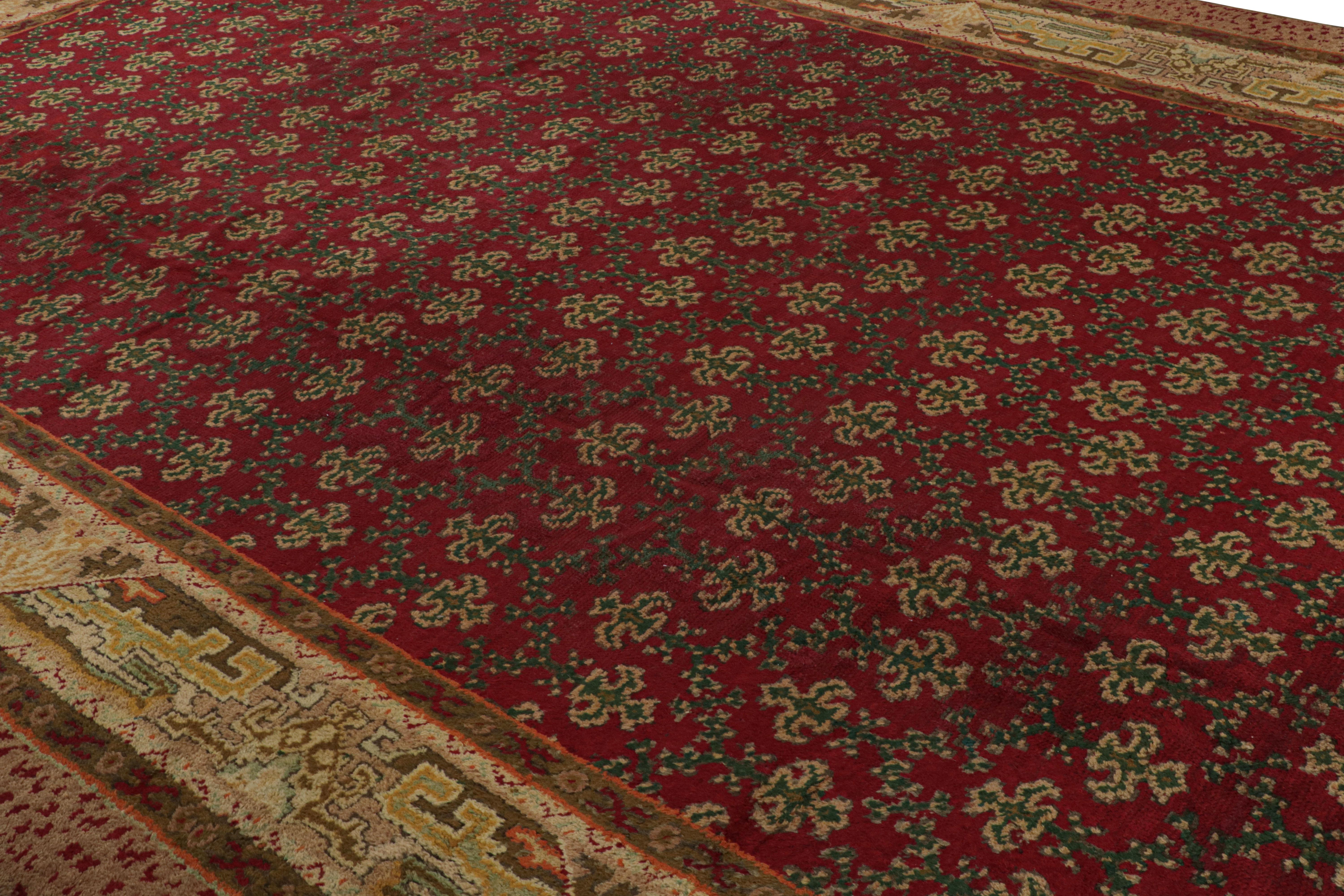 Hand-Knotted Oversized Antique Axminster Rug in Red with Green Patterns For Sale