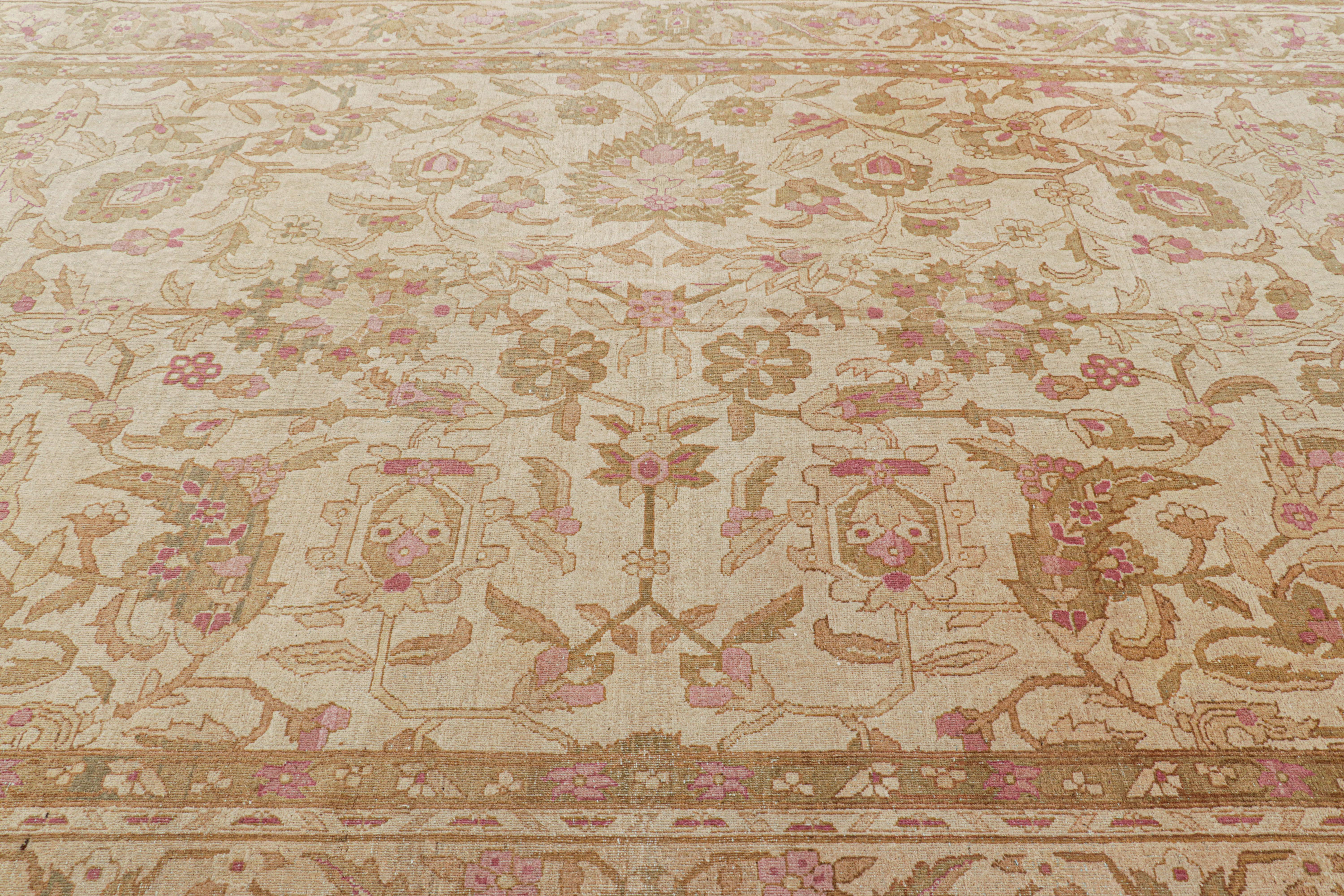 Hand-knotted in wool, originating from India, circa 1910-1920, this 9x17 antique Axminster rug features a design that looks to be an Indian interpretation of the English Axminster style. 

On the Design: 

Admirers of the craft will appreciate this