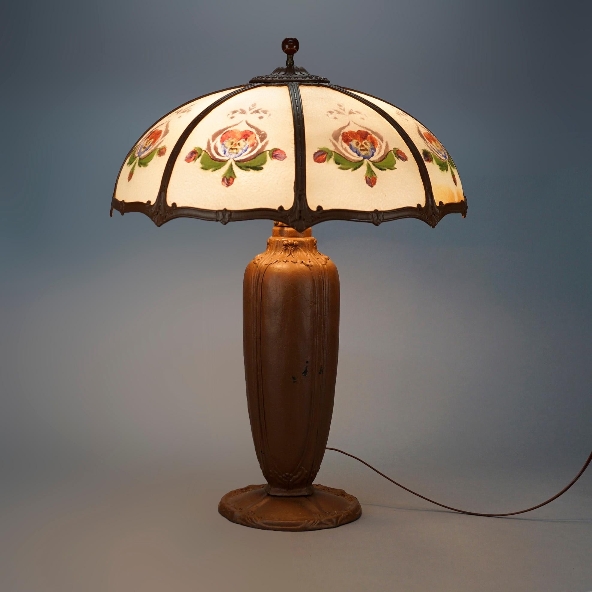Arts and Crafts Oversized Antique Bradley & Hubbard School Reverse Painted Panel Lamp c1920 For Sale