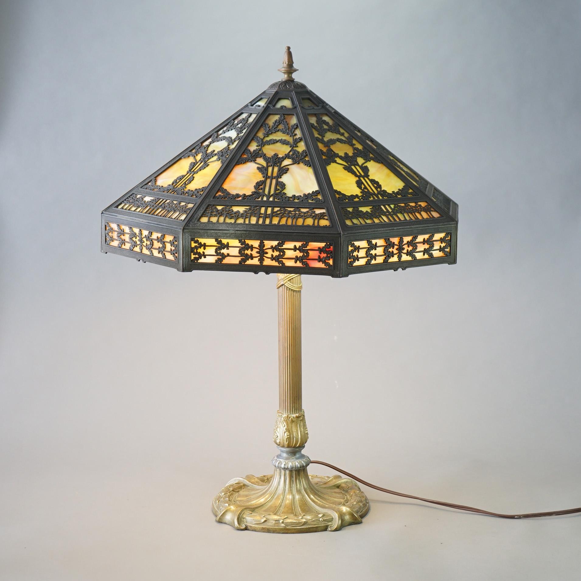 Oversized Antique Bradley & Hubbard Slag Glass Table Lamp with Filigree Shade & Triple Socket Base, C1920

Measures - 29 1/2