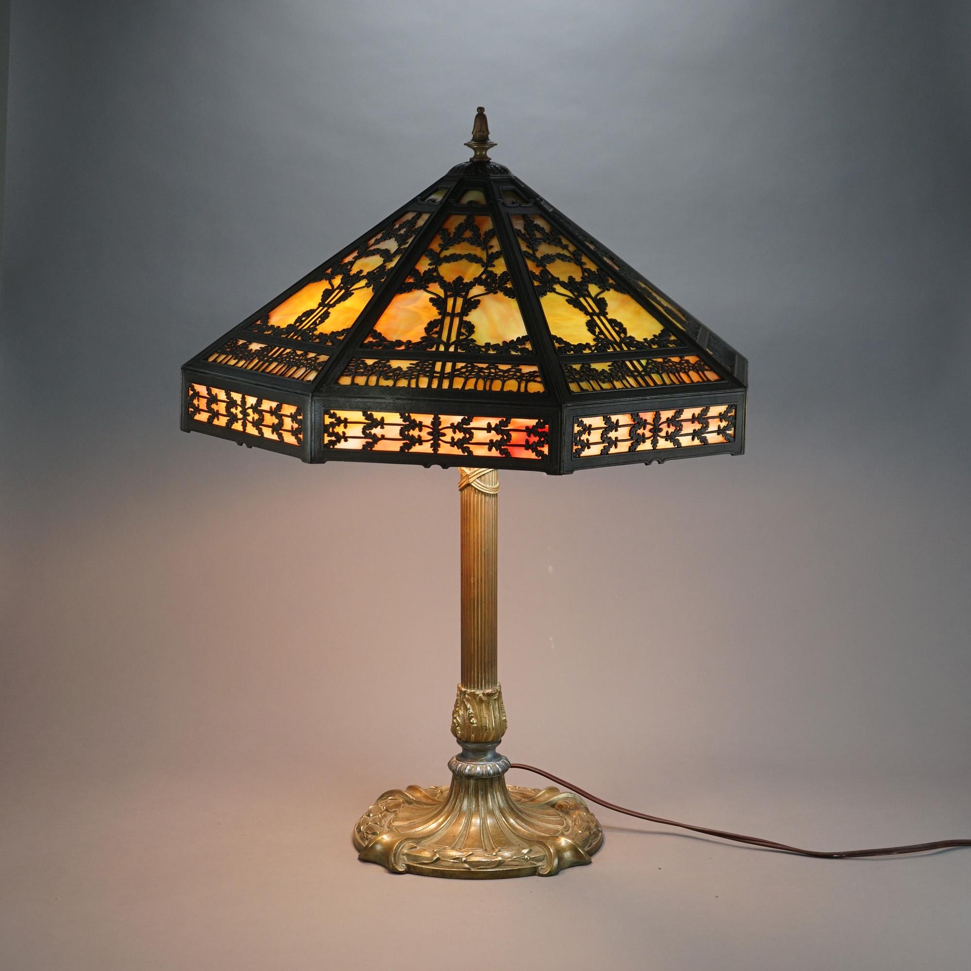 Arts and Crafts Oversized Antique Bradley & Hubbard Slag Glass Table Lamp C1920