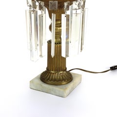 Oversized Antique Brass, Crystal & Marble Electrified Astral Lamp Etched Shade