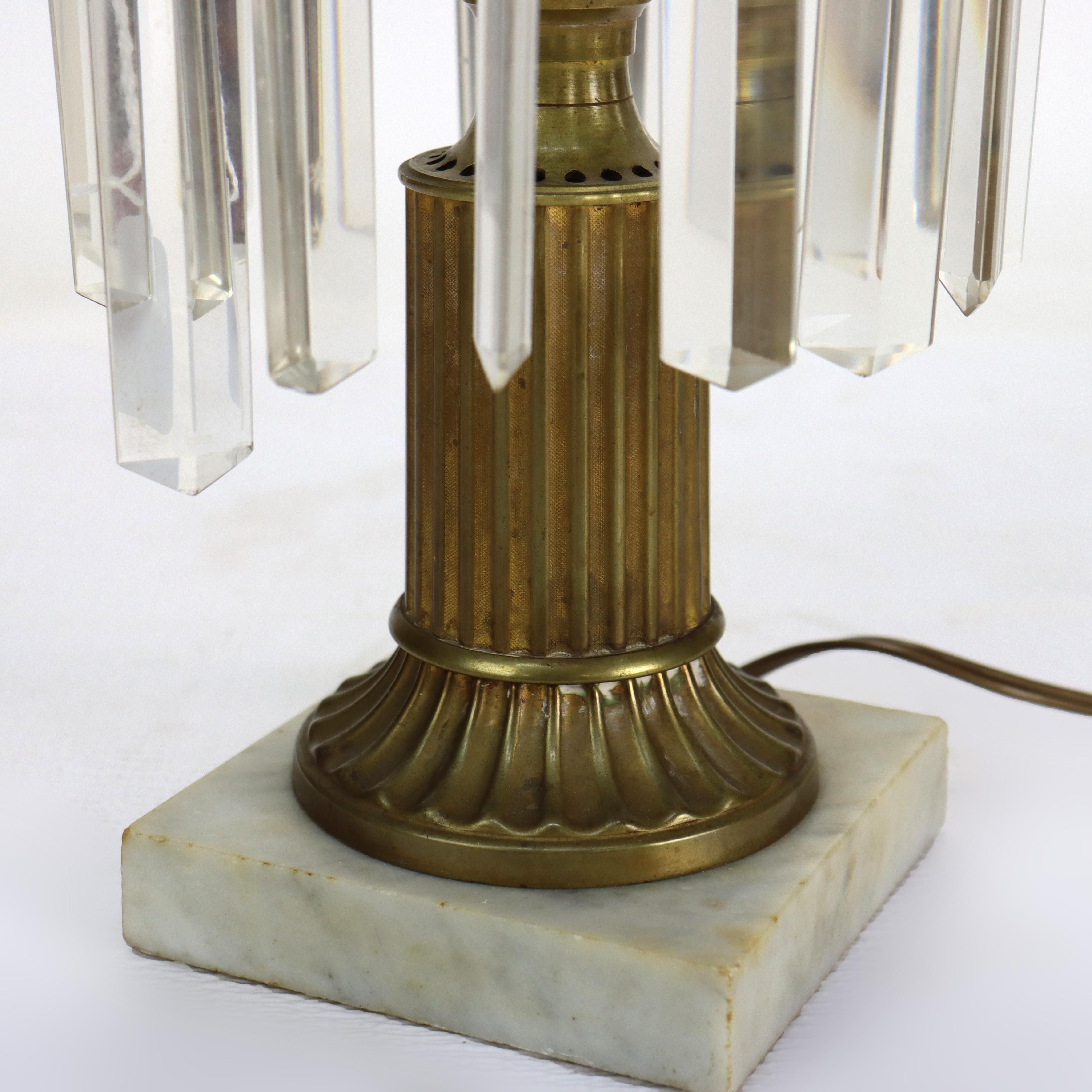 XX secolo Oversized Antique Brass, Crystal & Marble Electrified Astral Lamp Etched Shade in vendita