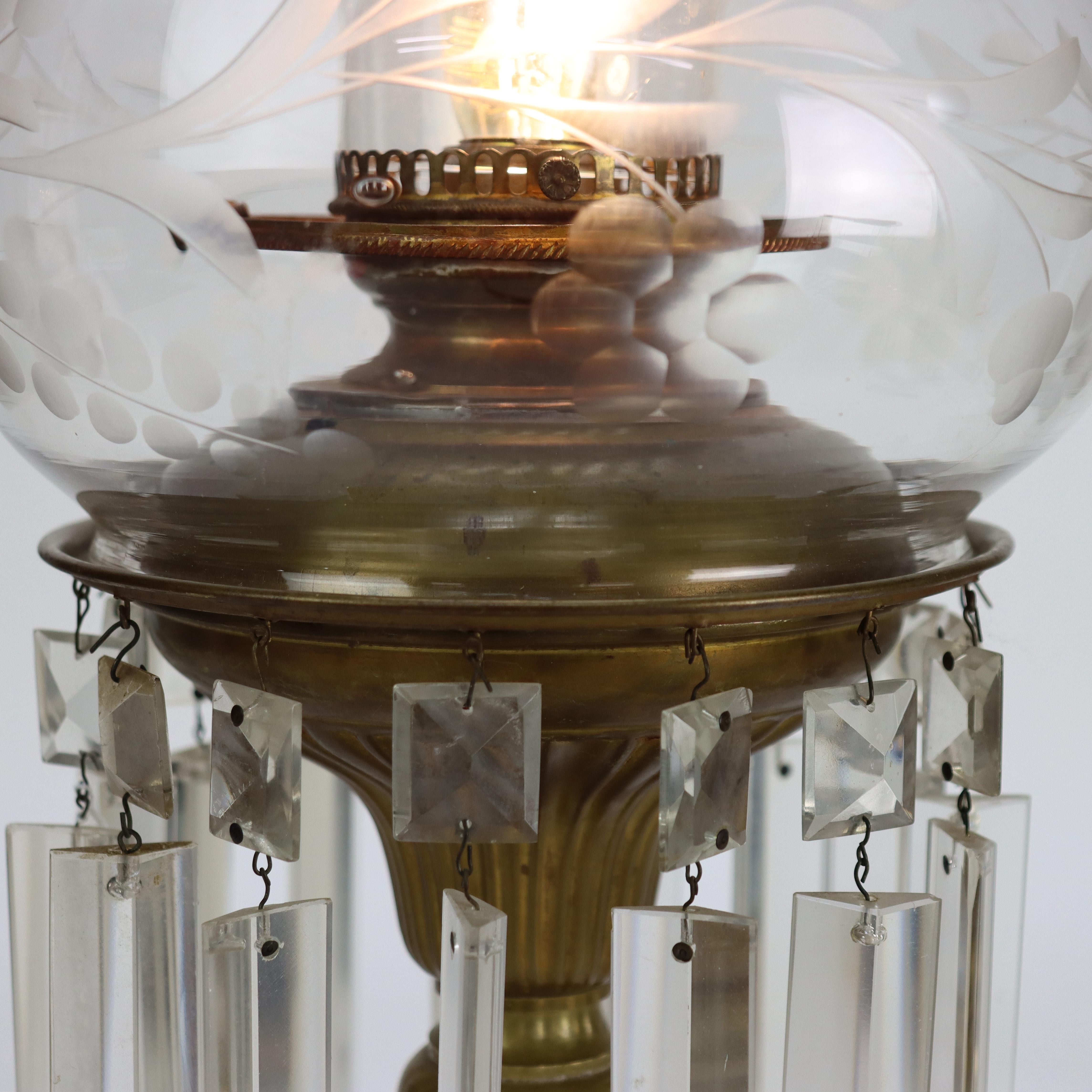 Vetro Oversized Antique Brass, Crystal & Marble Electrified Astral Lamp Etched Shade in vendita