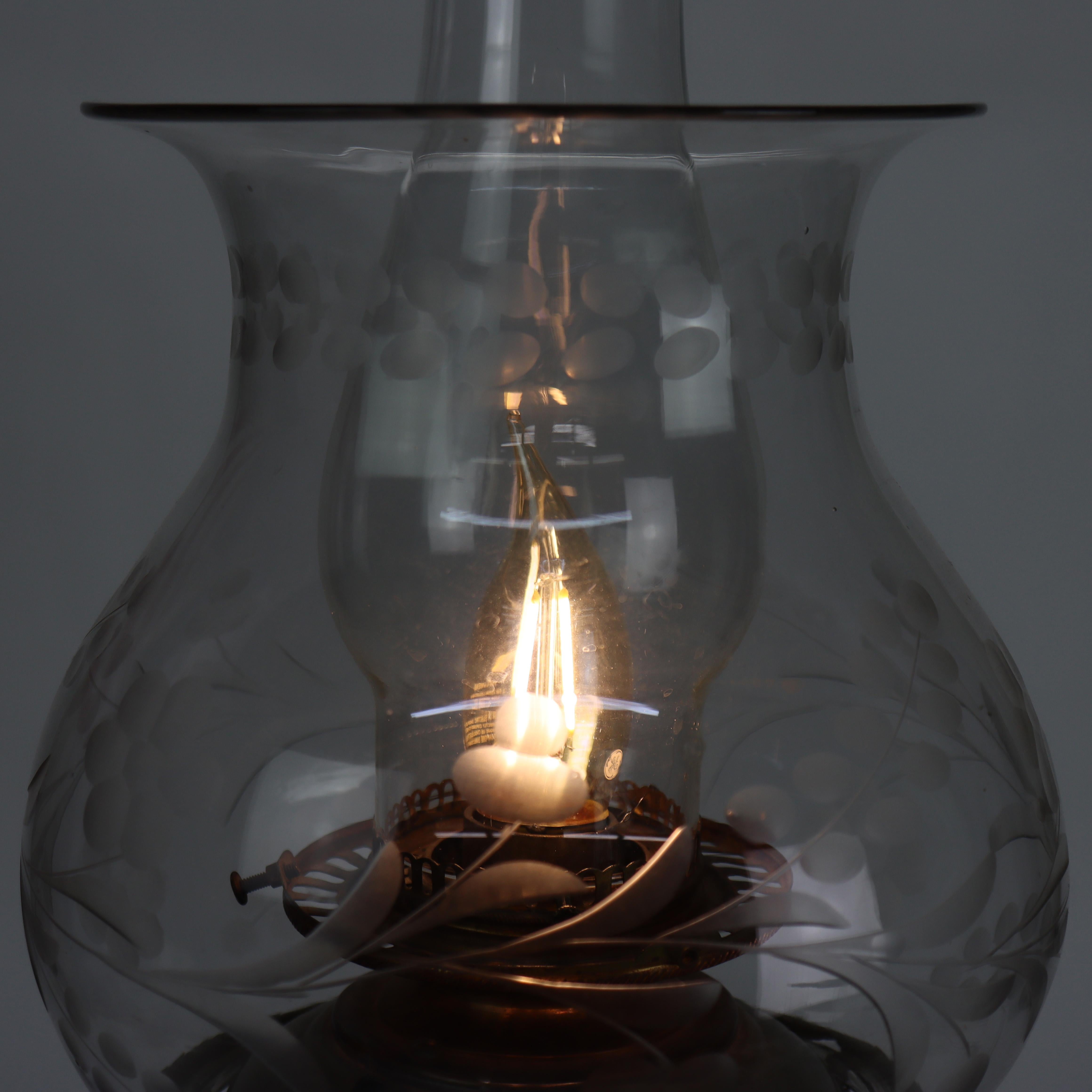 Oversized Antique Brass, Crystal & Marble Electrified Astral Lamp Etched Shade in vendita 1