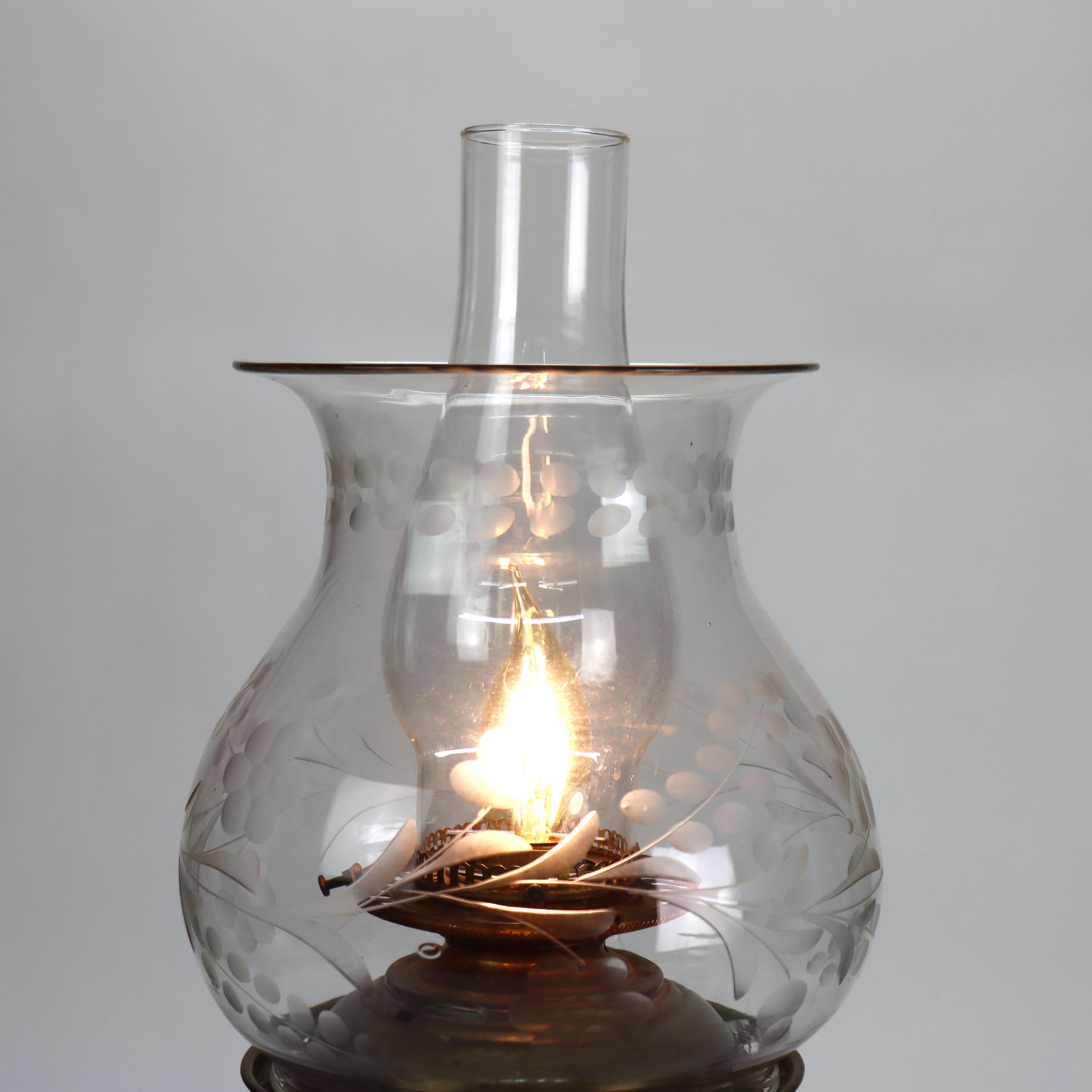 Oversized Antique Brass, Crystal & Marble Electrified Astral Lamp Etched Shade in vendita 2