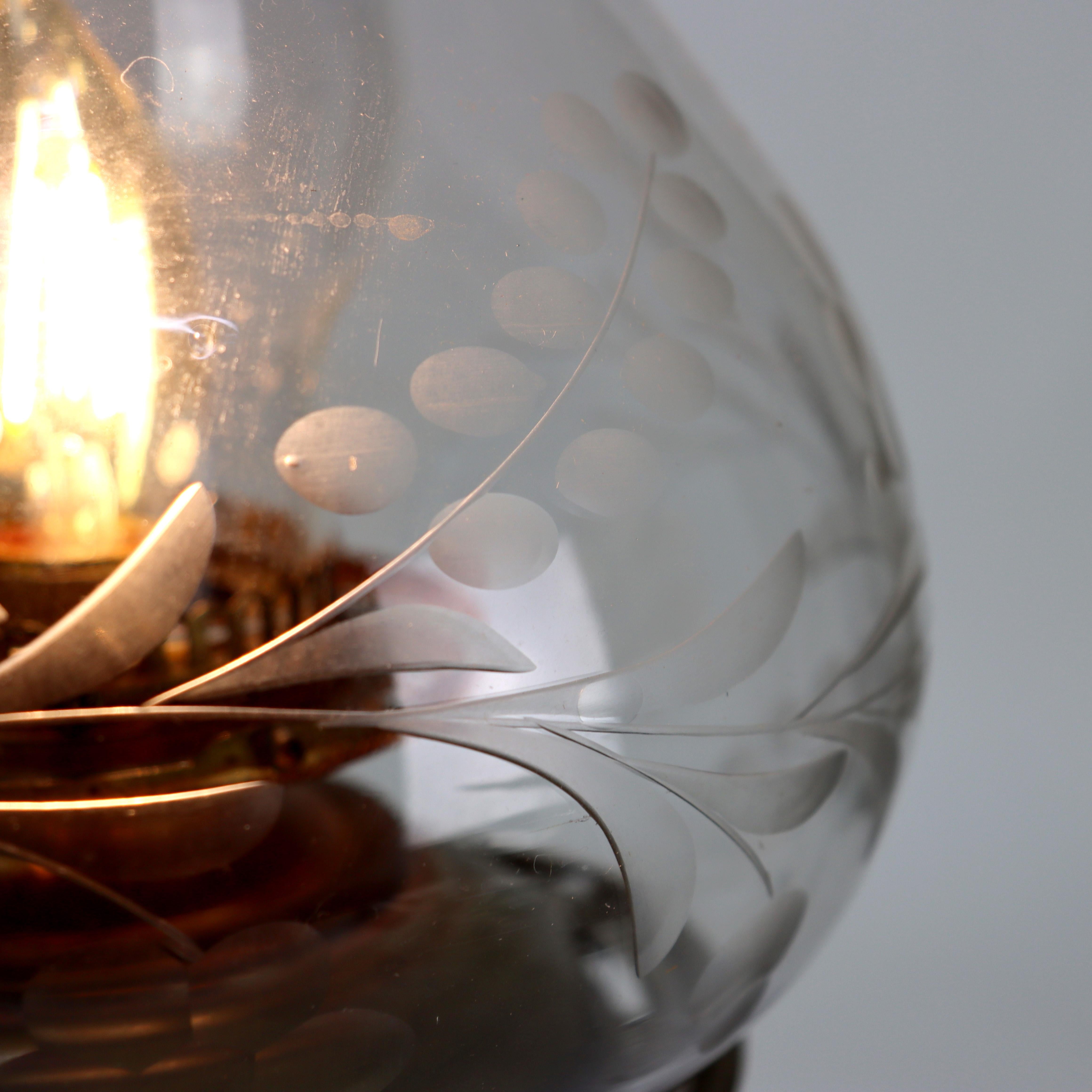 Oversized Antique Brass, Crystal & Marble Electrified Astral Lamp Etched Shade in vendita 3