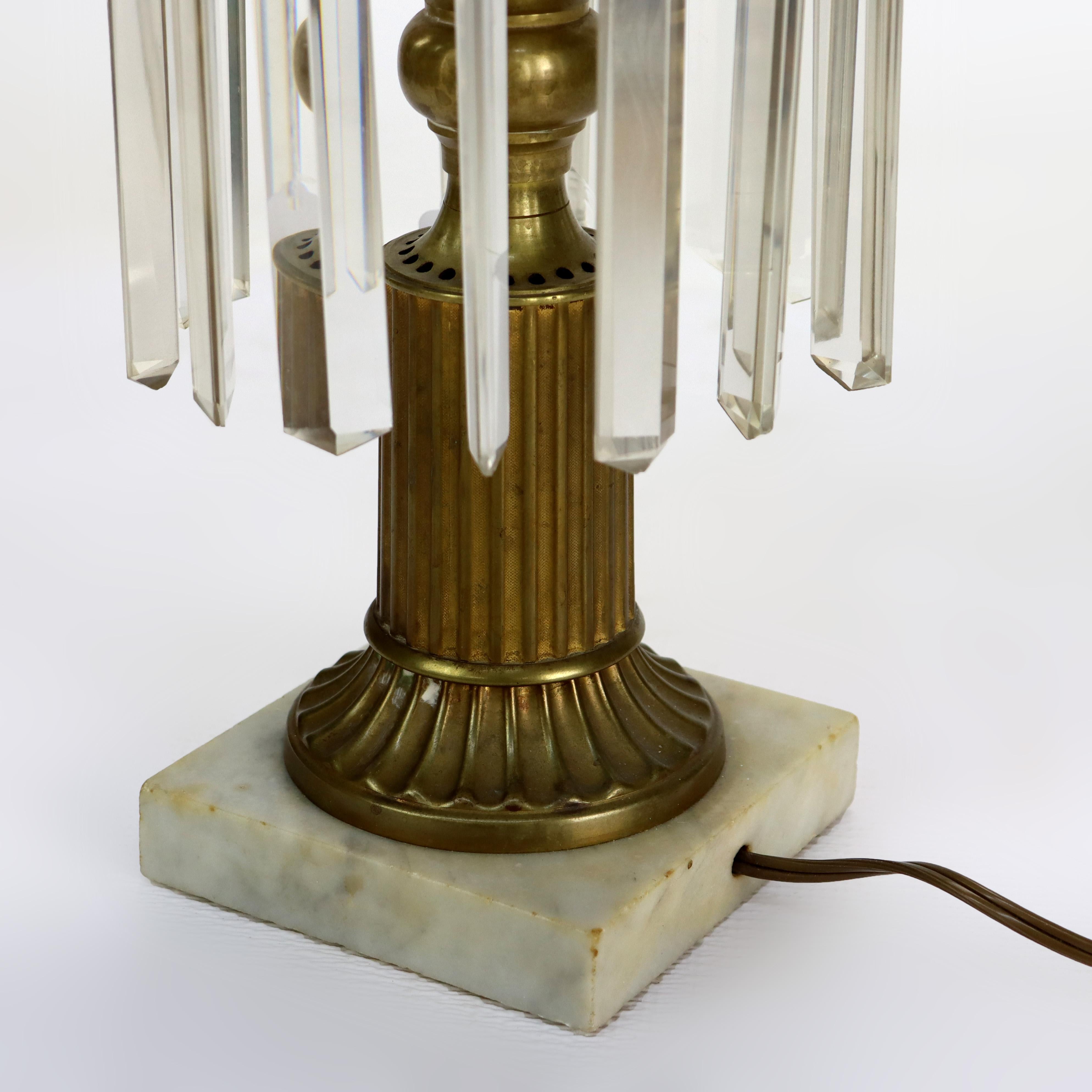 Oversized Antique Brass, Crystal & Marble Electrified Astral Lamp Etched Shade in vendita 4