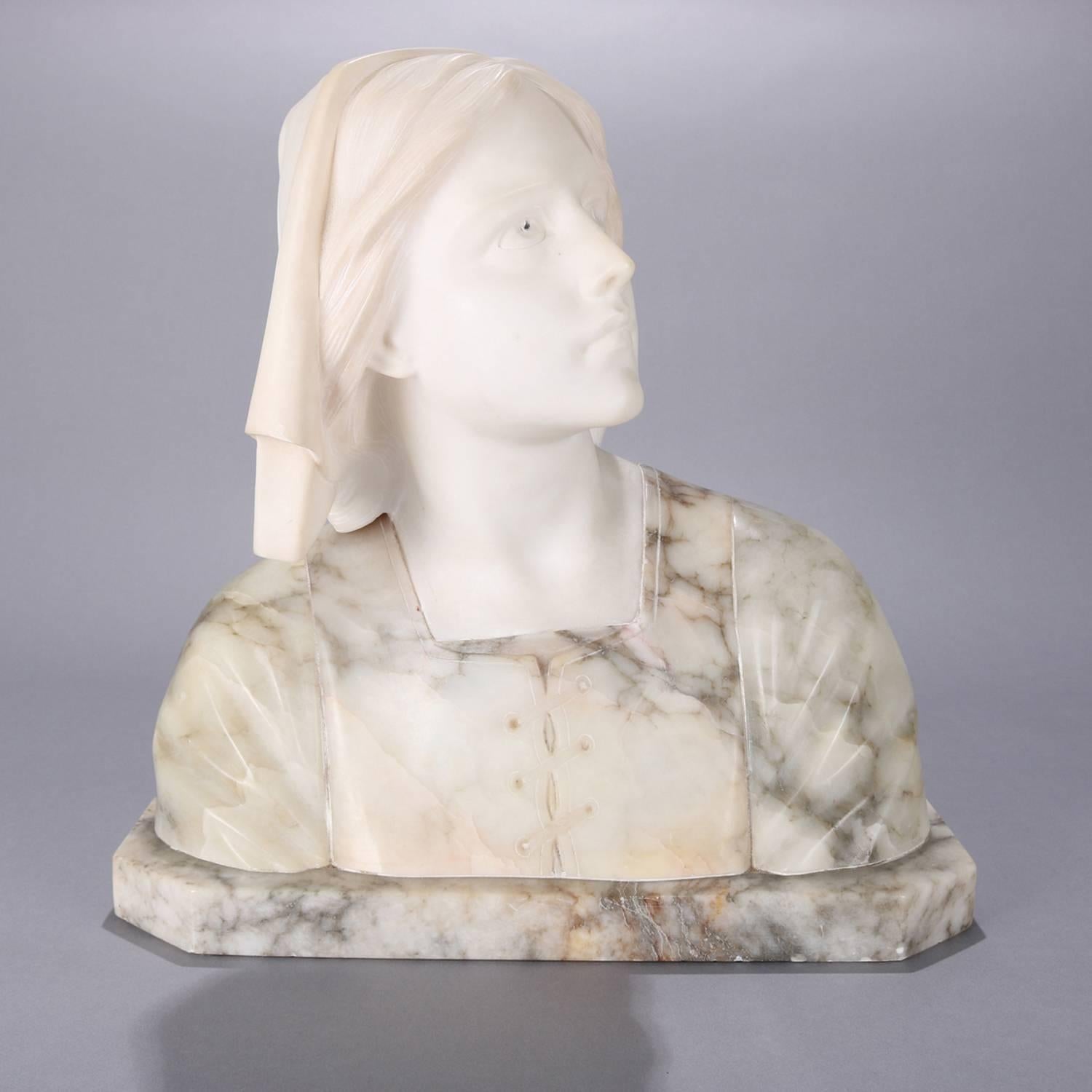 Finely executed and oversized Italian antique hand carved marble and alabaster portrait female bust depicts onlooking Dante's Beatrice, circa 1880

Measures: 14