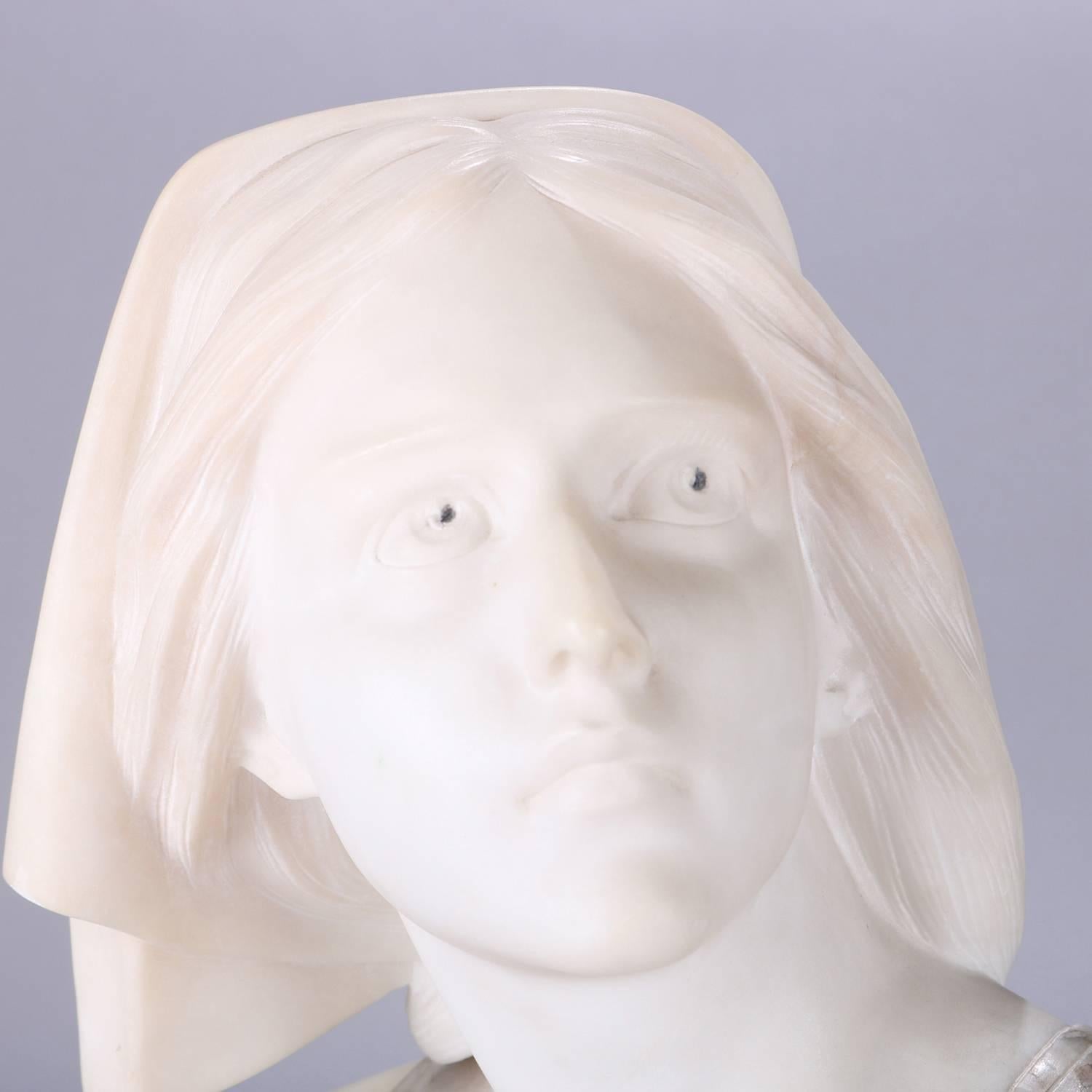 Hand-Carved Oversized Antique Carved Marble and Alabaster Portrait Bust Dante's Beatrice