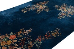 Oversized Antique Chinese Art Deco Rug, Blue with Floral Patterns - Rug & Kilim