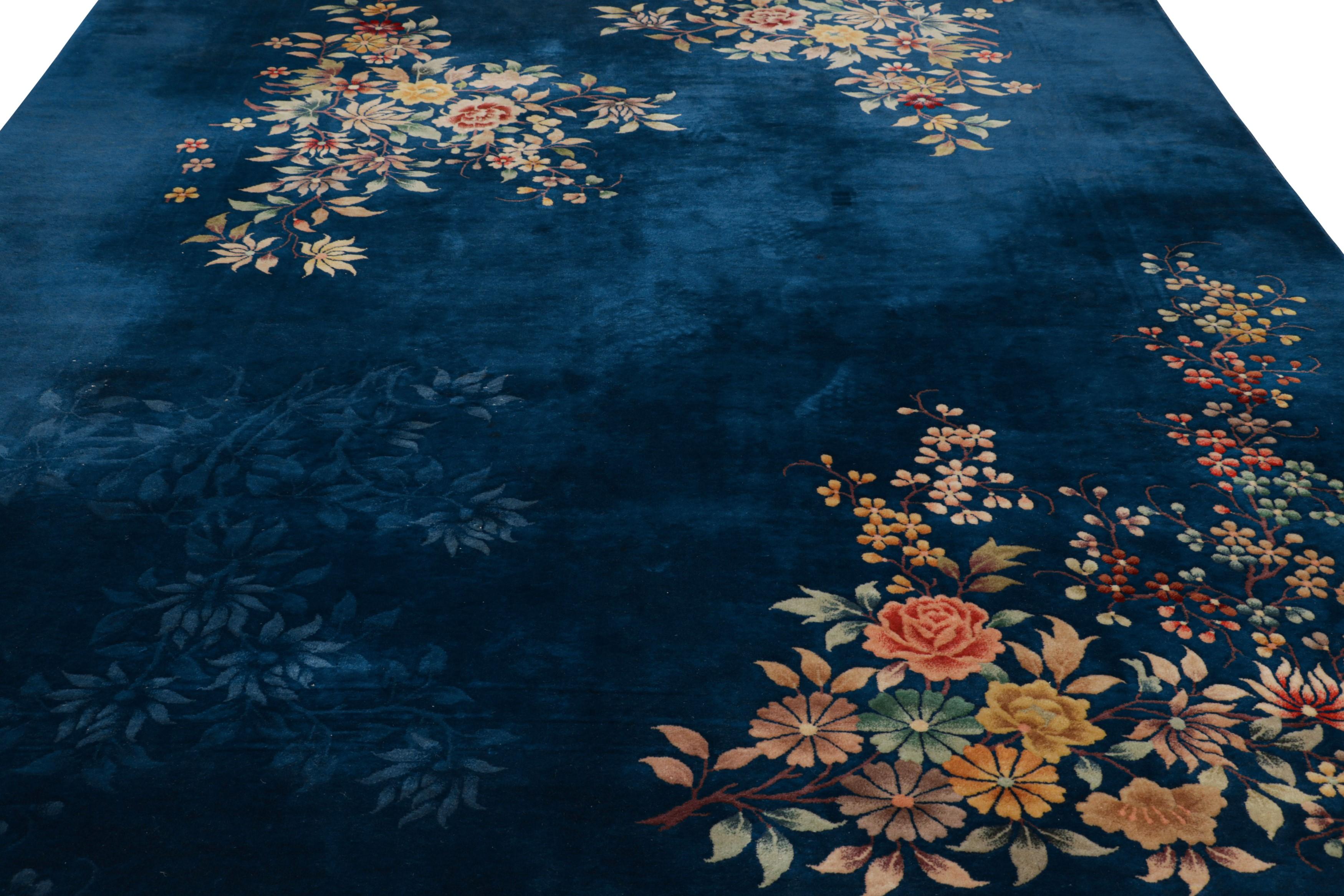 Wool Oversized Antique Chinese Art Deco Rug, Blue with Floral Patterns - Rug & Kilim For Sale