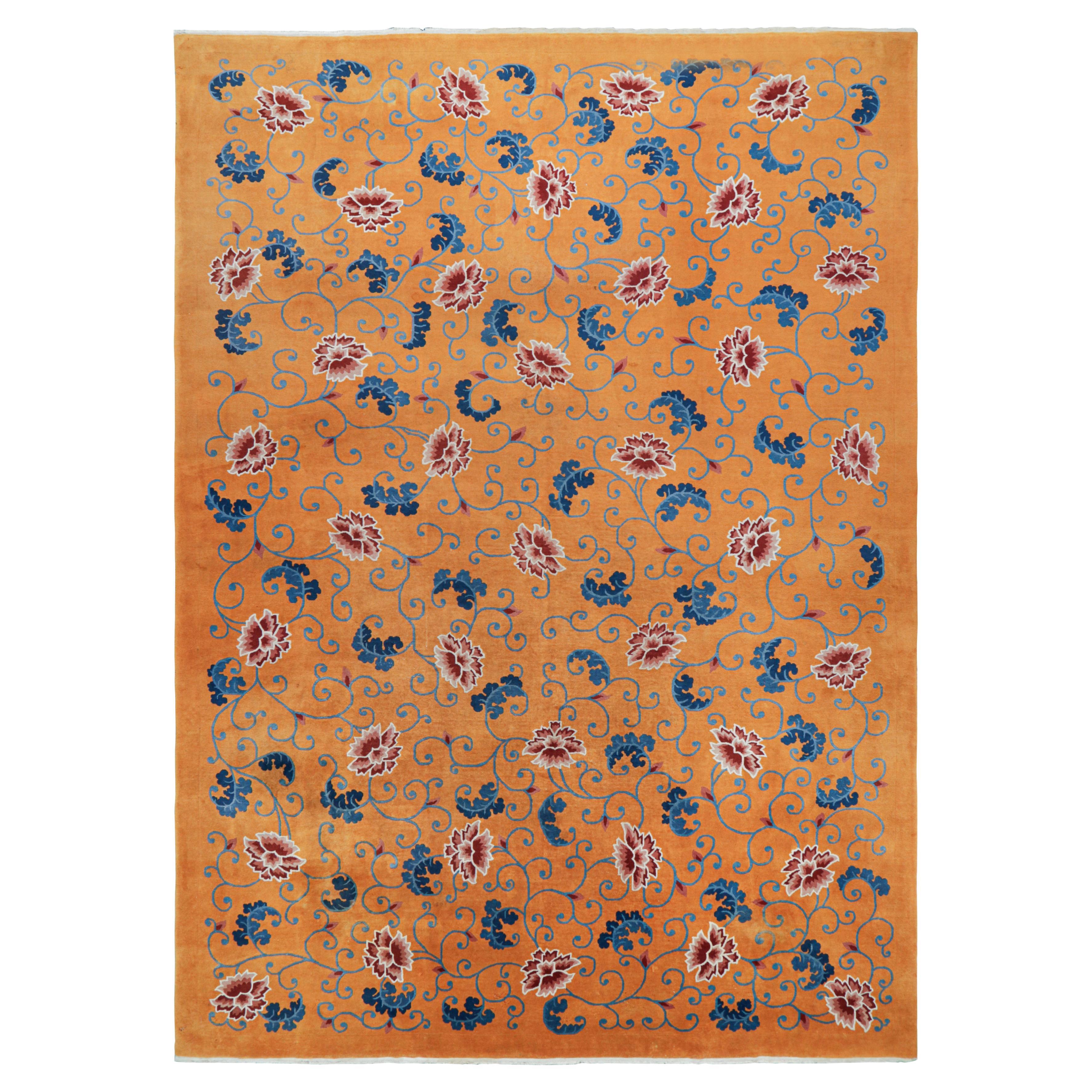 Oversized Antique Chinese Art Deco Rug in Gold with Florals