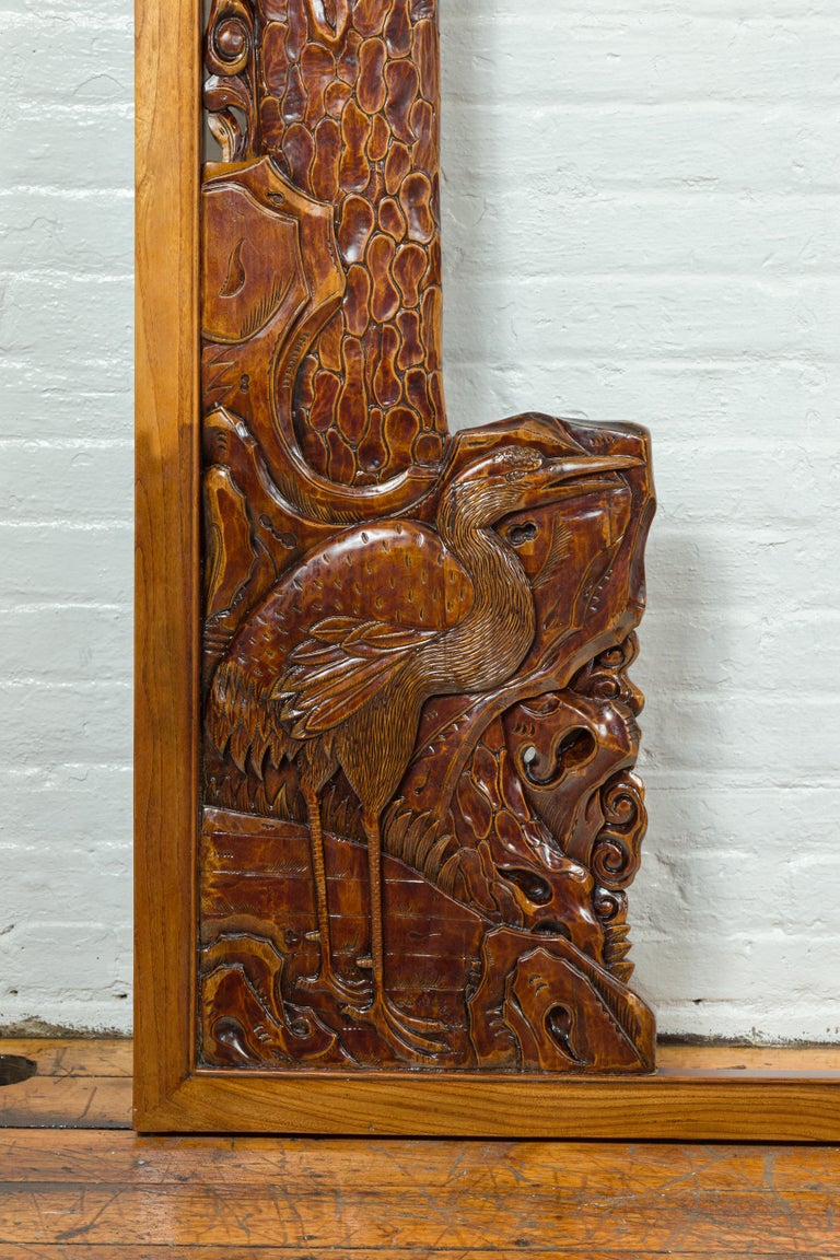 19th Century Oversized Antique Chinese Carved Wooden Frame with Birds, Foliage and Tree Limbs For Sale