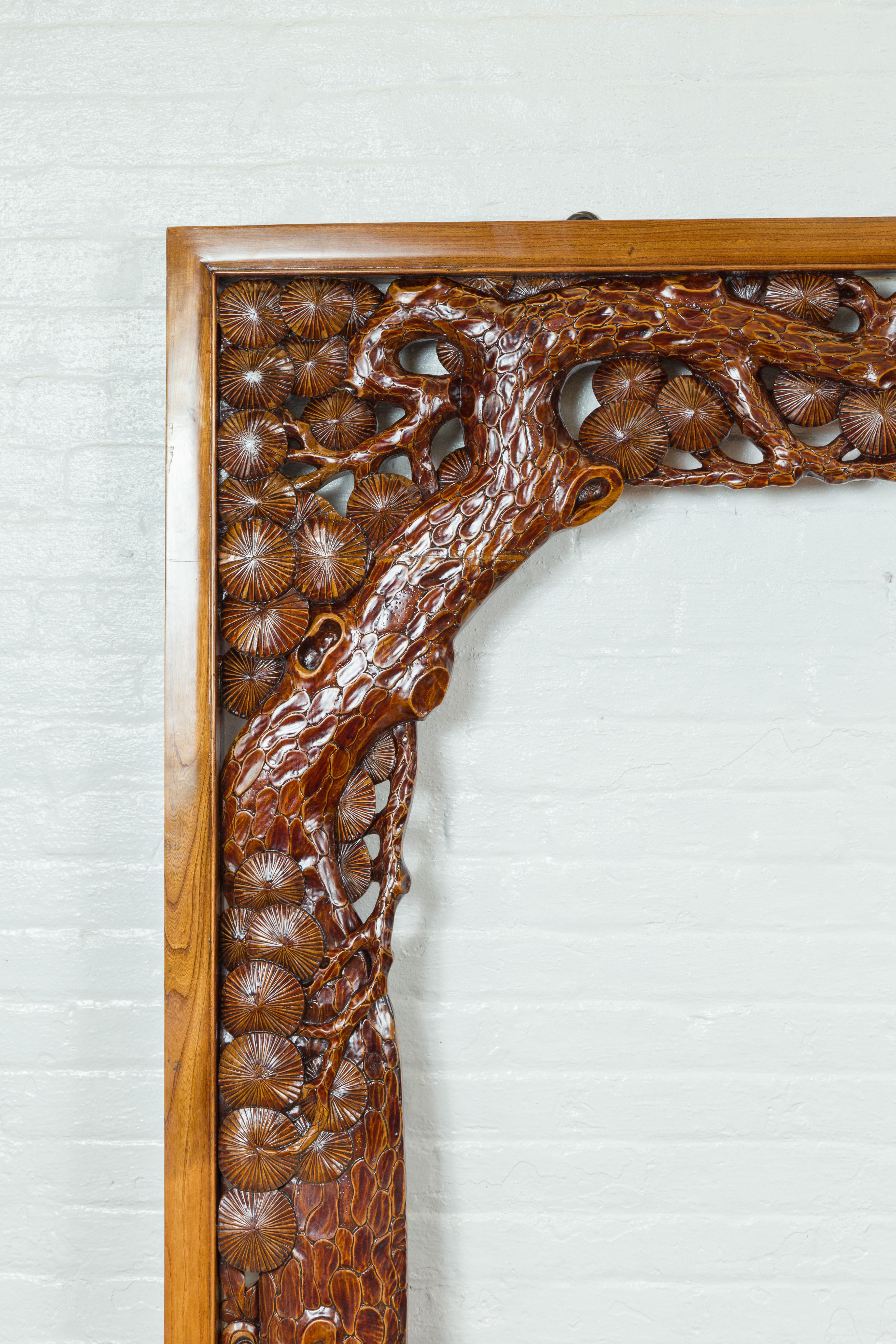 Chinese Oversized 19th Century Carved Wooden Frame with Birds, Foliage and Tree Limbs For Sale