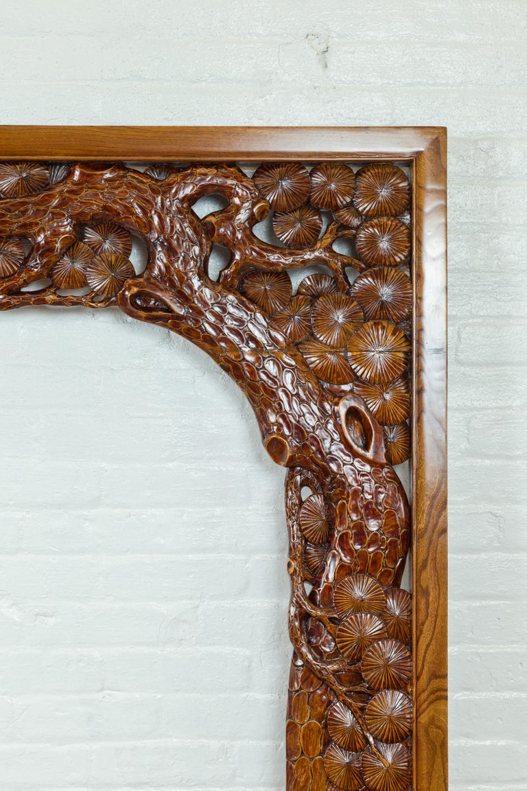 Oversized Antique Chinese Carved Wooden Frame with Birds, Foliage and Tree Limbs For Sale 5
