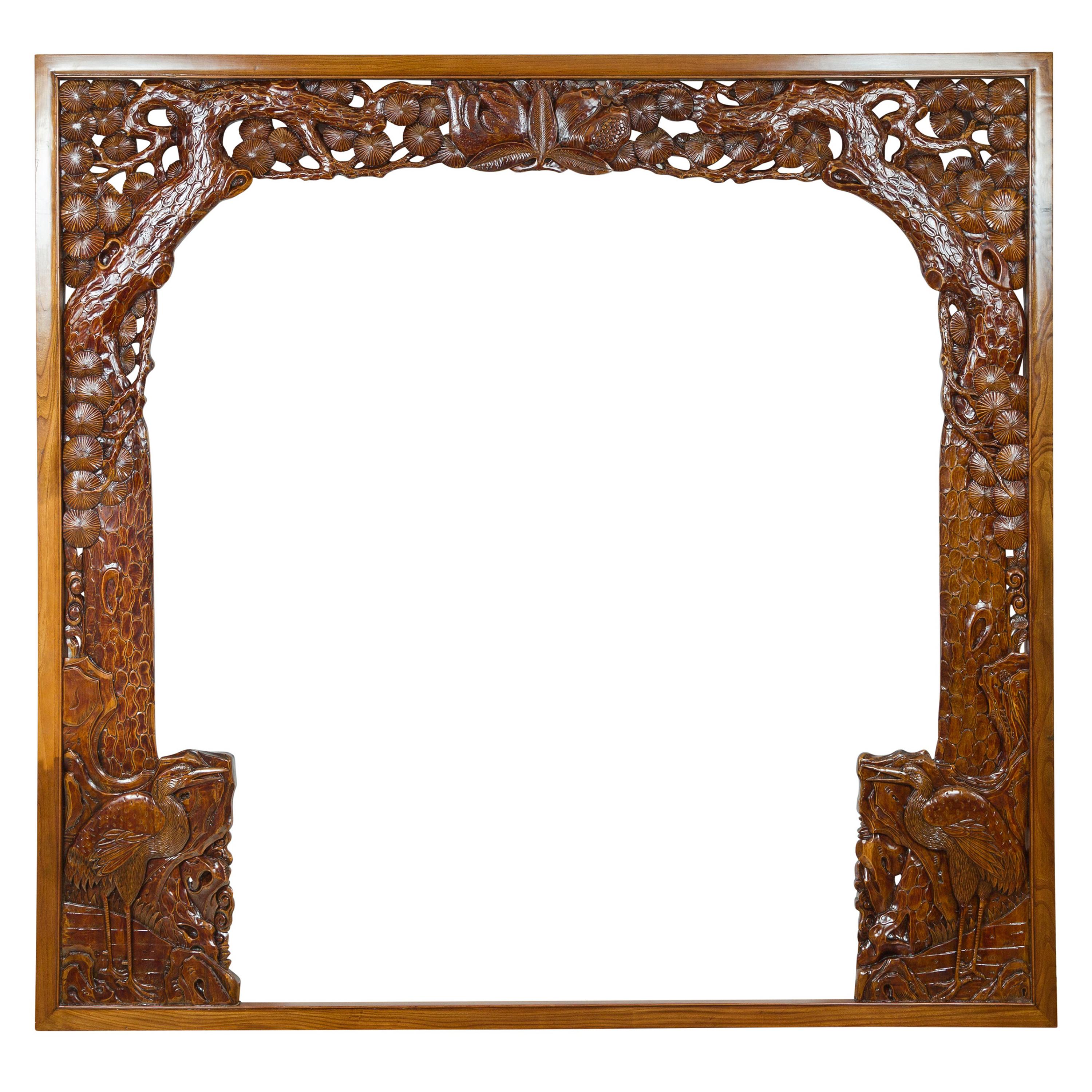 Oversized Antique Chinese Carved Wooden Frame with Birds, Foliage and Tree Limbs