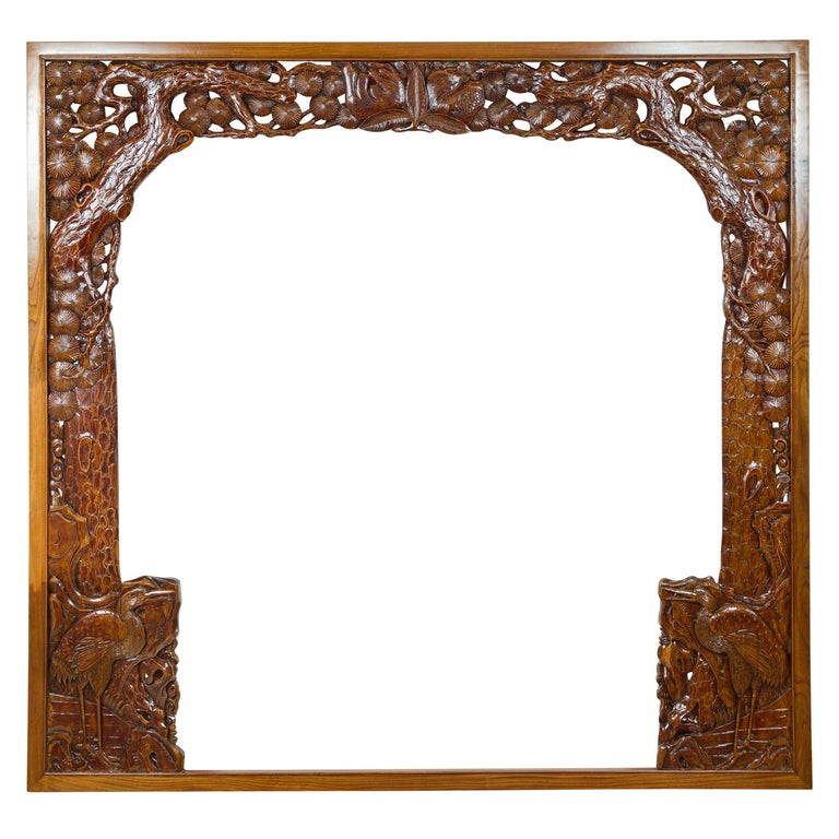Oversized Antique Chinese Carved Wooden Frame with Birds, Foliage and Tree Limbs For Sale