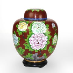 Oversized Antique Chinese Cloisonne Ginger Jar with Garden Flowers c1920