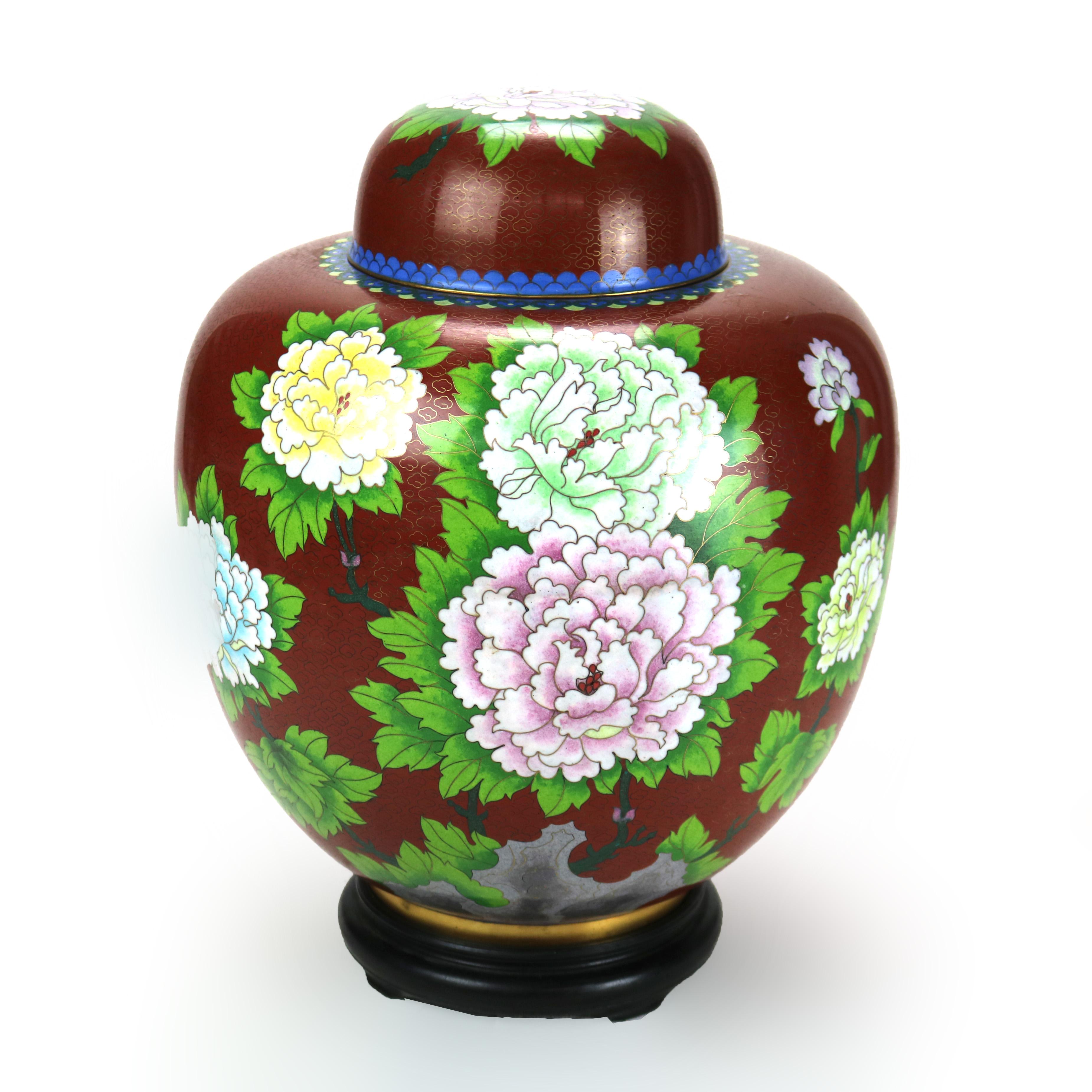 Enameled Oversized Antique Chinese Cloisonne Ginger Jar with Garden Flowers c1920 For Sale