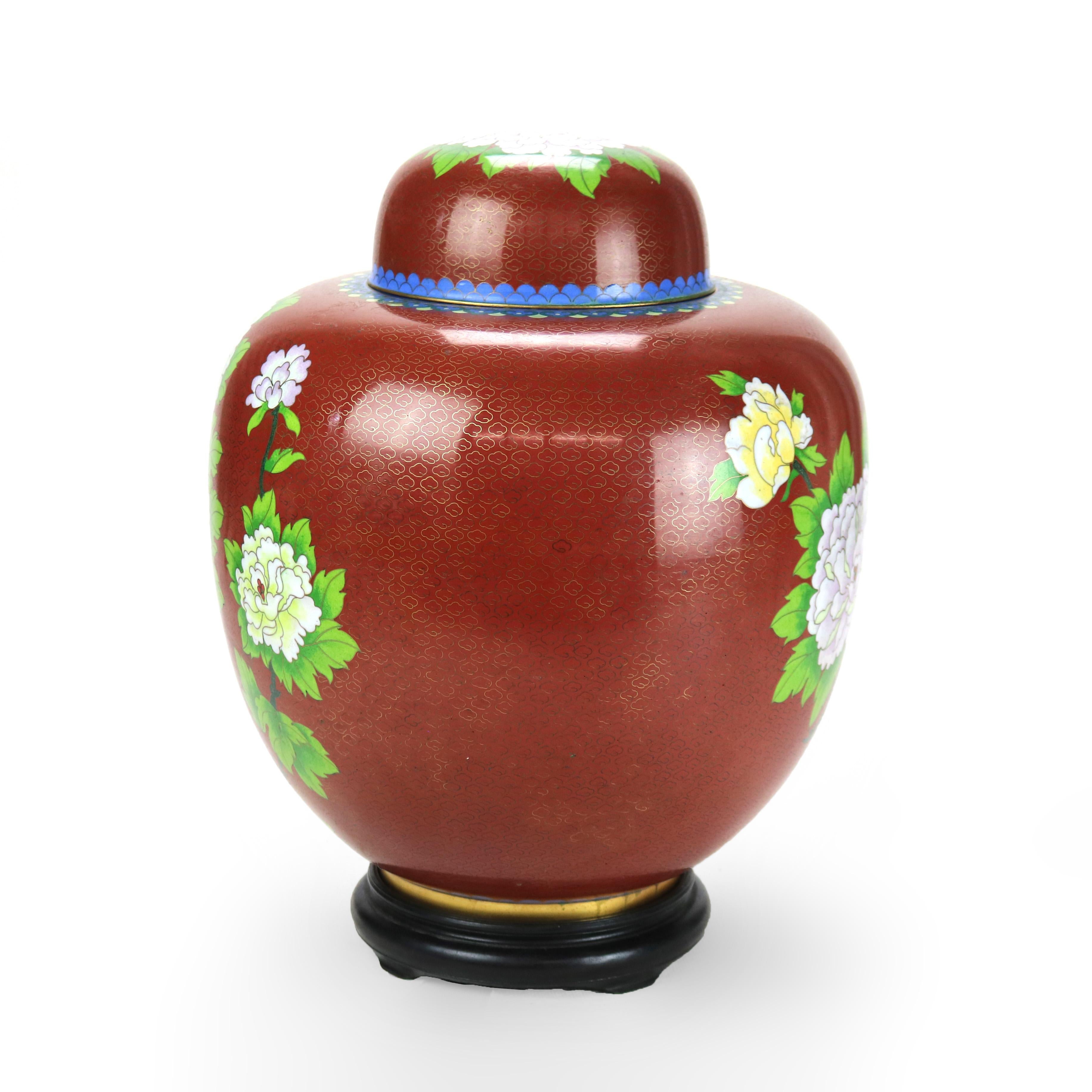 Oversized Antique Chinese Cloisonne Ginger Jar with Garden Flowers c1920 In Good Condition For Sale In Big Flats, NY